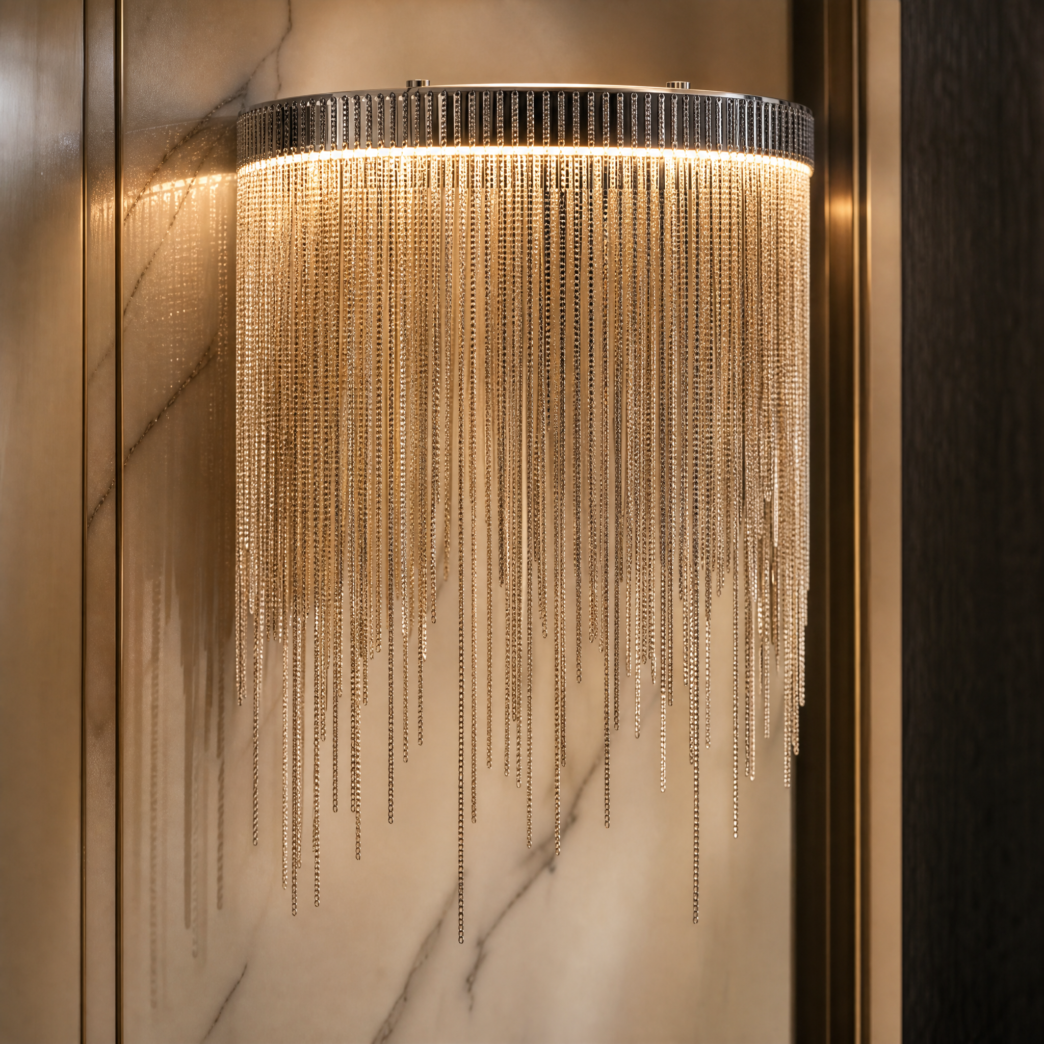 A detailed closeup of the VORELLI Adlington wall light, showcasing the exquisite texture of its cascading metal chains under soft illumination.