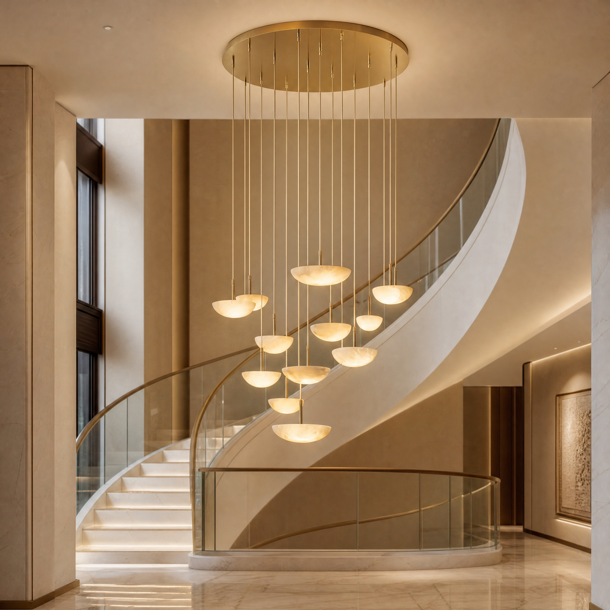 A magnificent VORELLI Alba Marble Pendant Chandelier installed in a luxury boutique hotel lobby, illuminating the high-end hospitality space with elegant sculptural lighting.