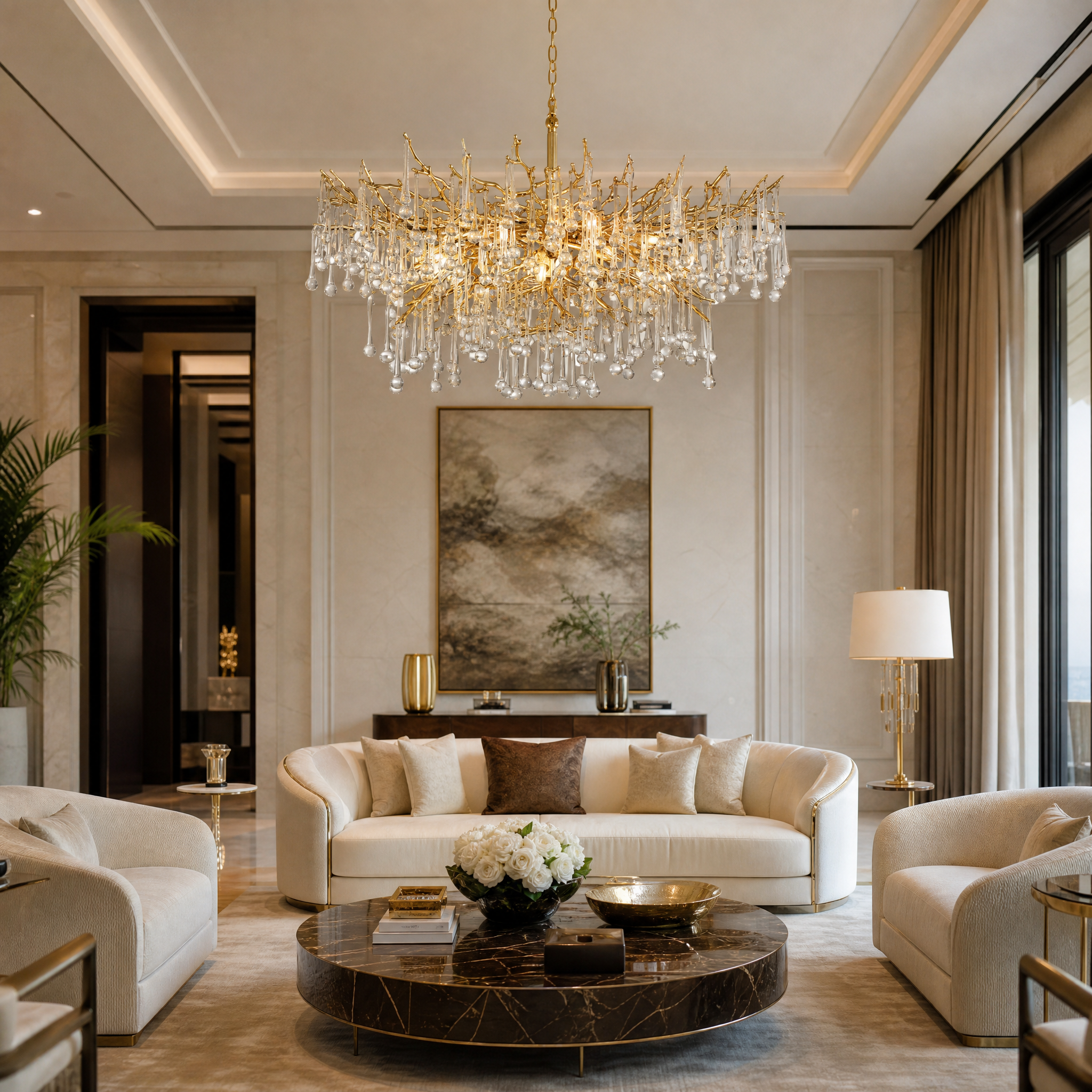 Vorelli L’Albero d’Oro Circular Chandelier III installed in a luxury residential living room with high ceilings and elegant decor.
