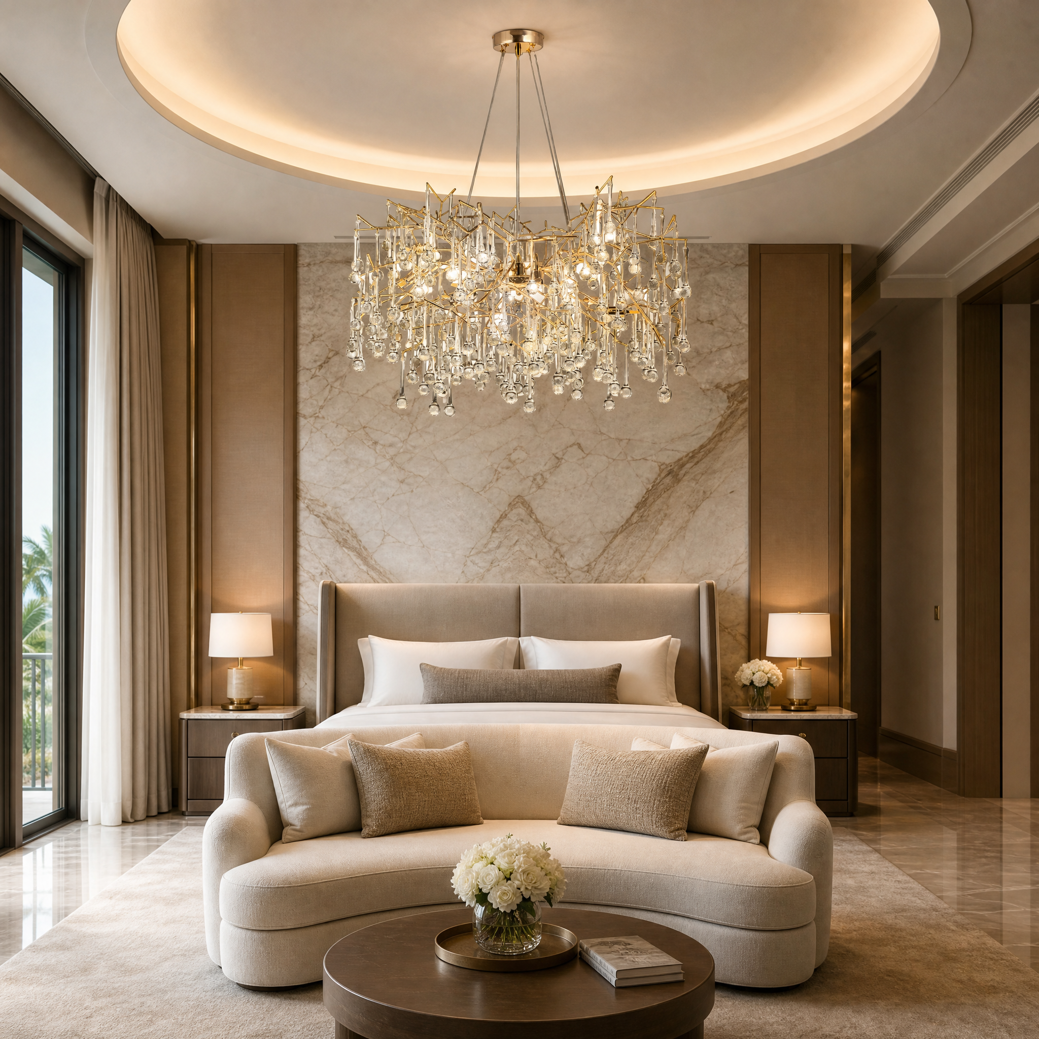 The sculptural golden silhouette of the VORELLI L'Albero d'Oro circular chandelier elevating a high-end hospitality lounge or entrance hall.