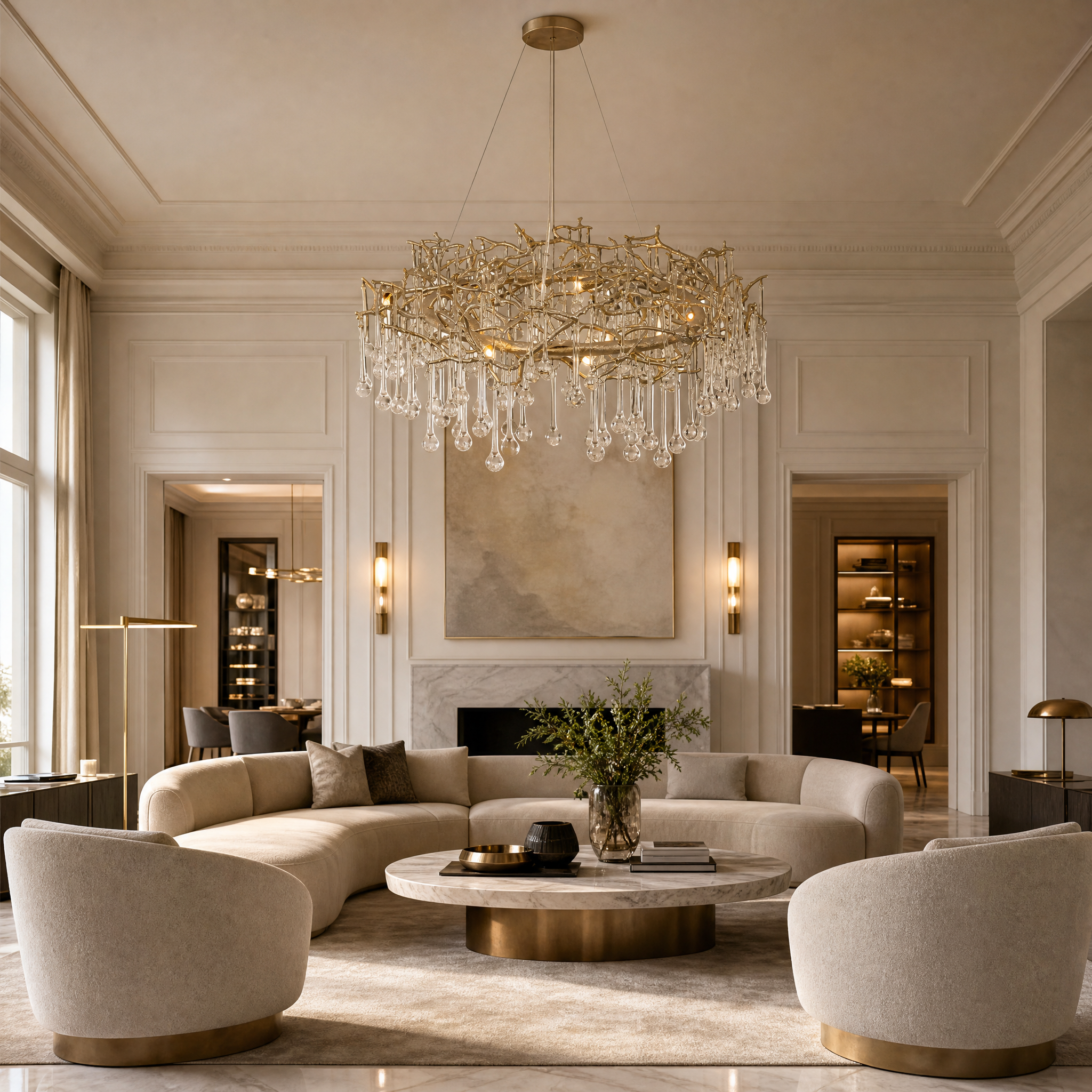 VORELLI L’Albero d’Oro circular statement chandelier illuminating a high-end residential living room interior with refined elegance.