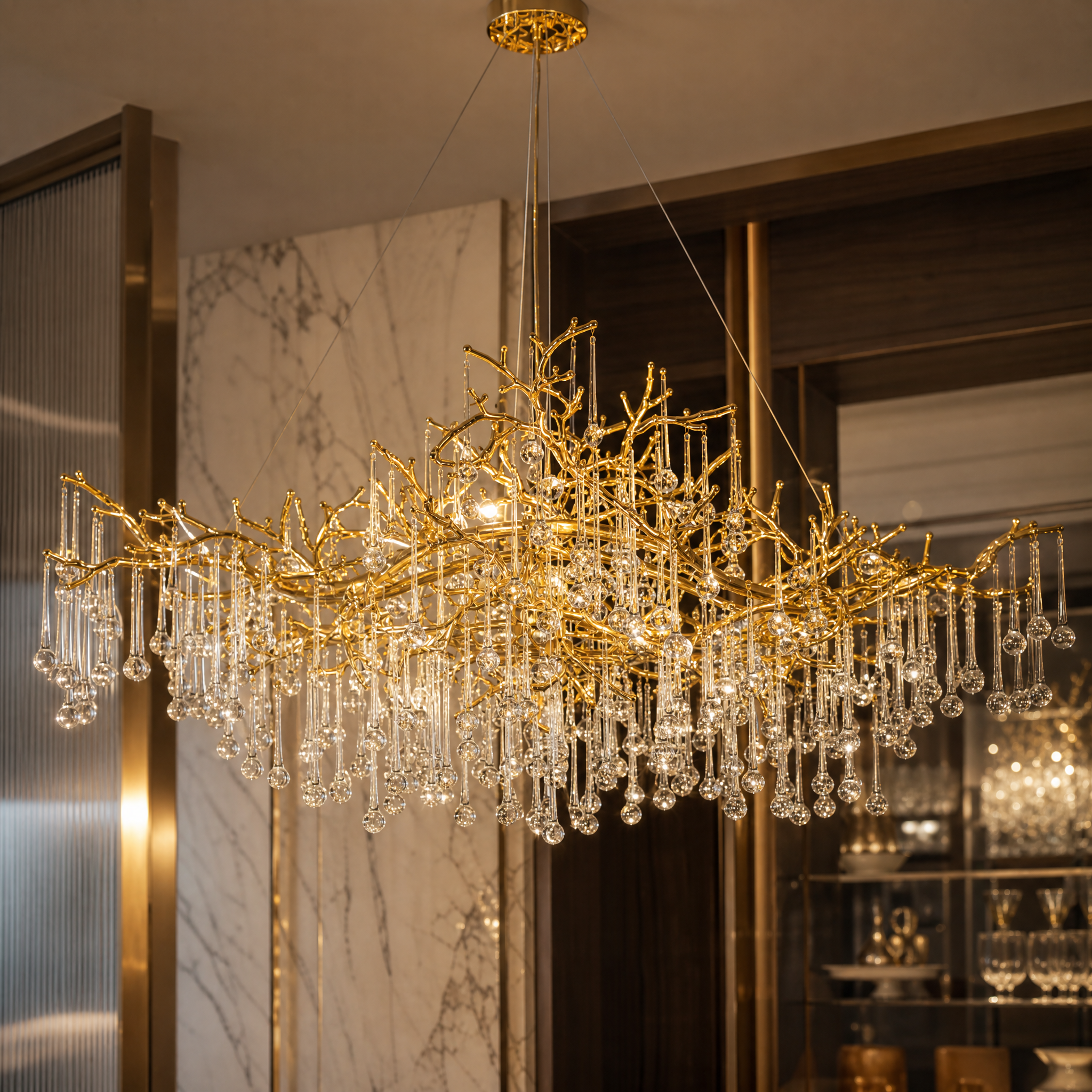 Detailed close-up of the sculptural branches and cascading glass droplets of the L’Albero d’Oro Rectangular Chandelier V, emphasizing its artistic design.