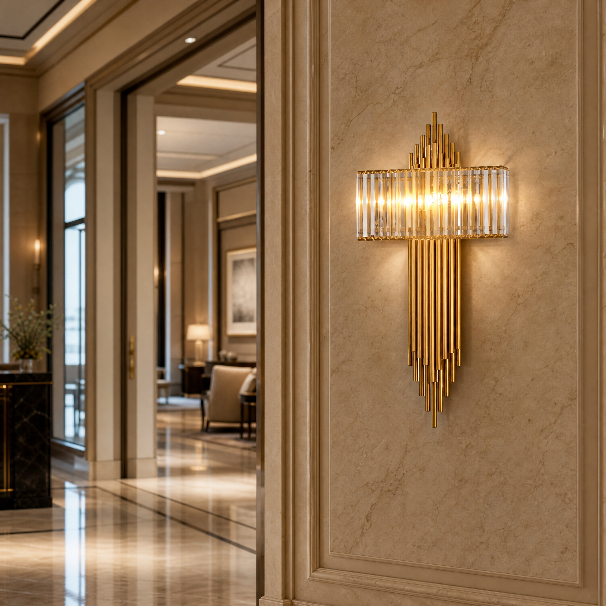 Elegant Alora wall sconce lighting up a high-end hospitality lounge or boutique hotel corridor.