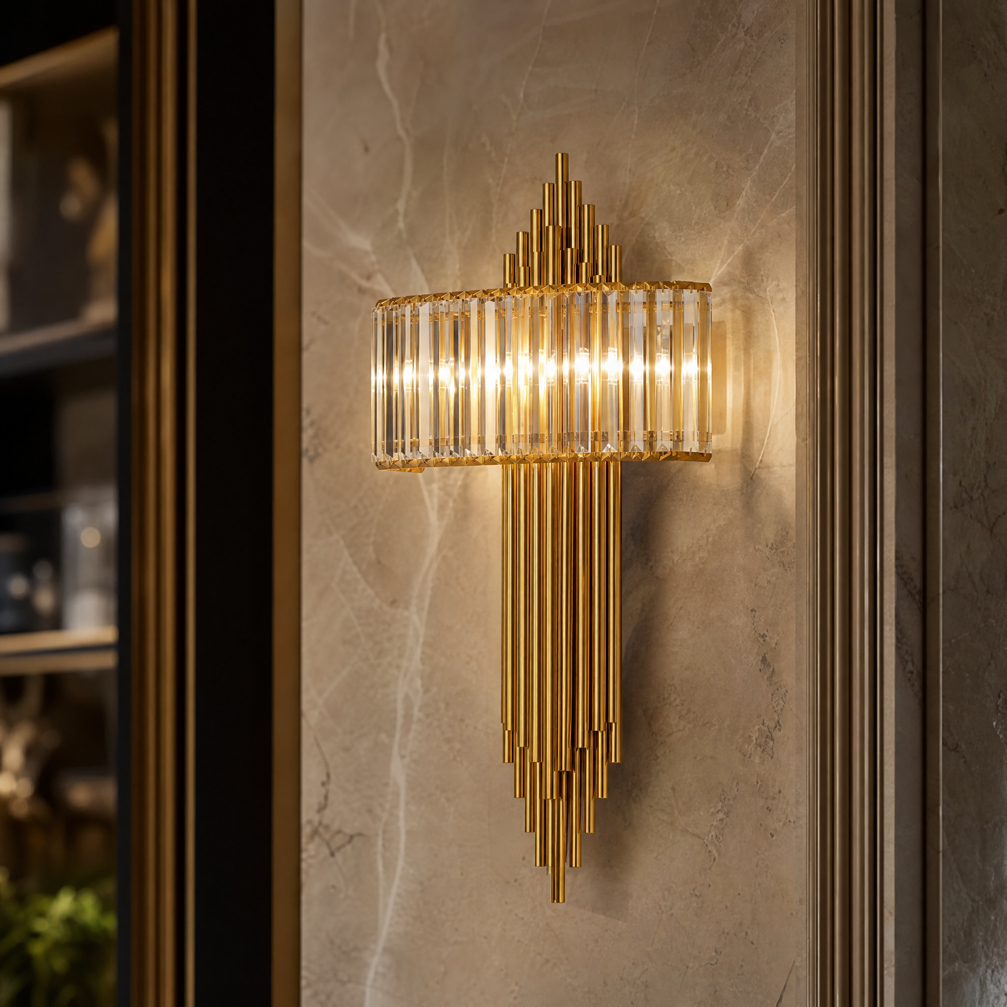 Macro close-up shot showing the refined craftsmanship and crystal bar detailing of the VORELLI Alora Wall Light.