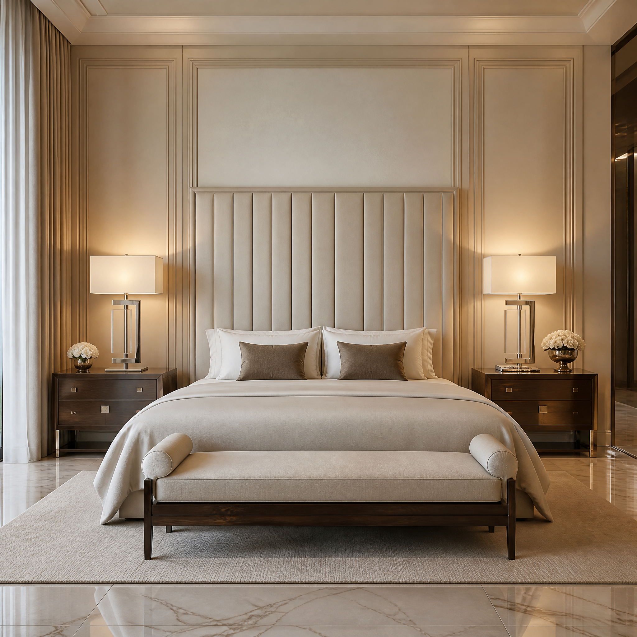 The VORELLI Alvion nickel and crystal table lamp illuminating a luxury residential bedroom with a soft ambient glow.