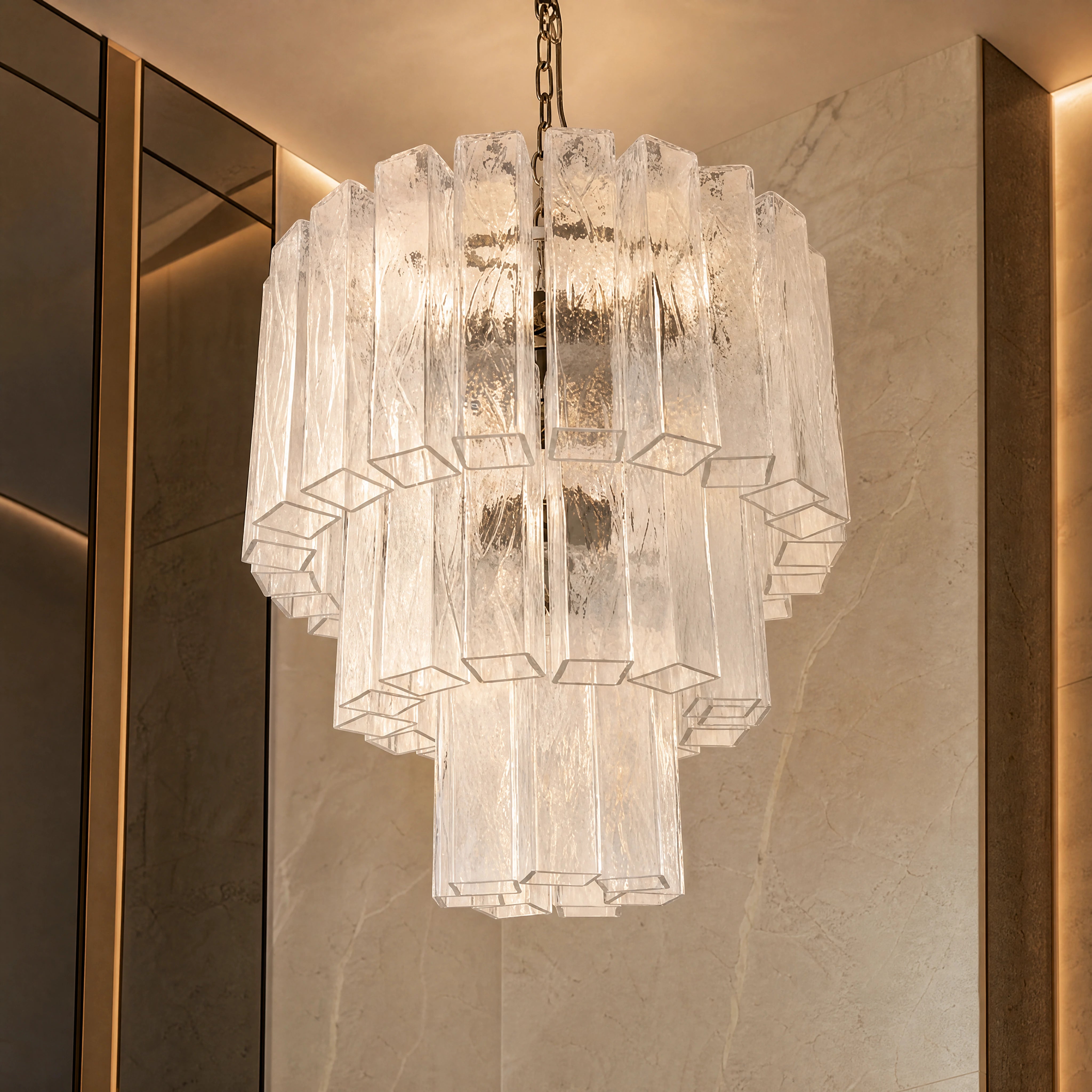 Alvise Squares Murano Glass Staircase Chandelier close-up luxury lifestyle hero image by VORELLI