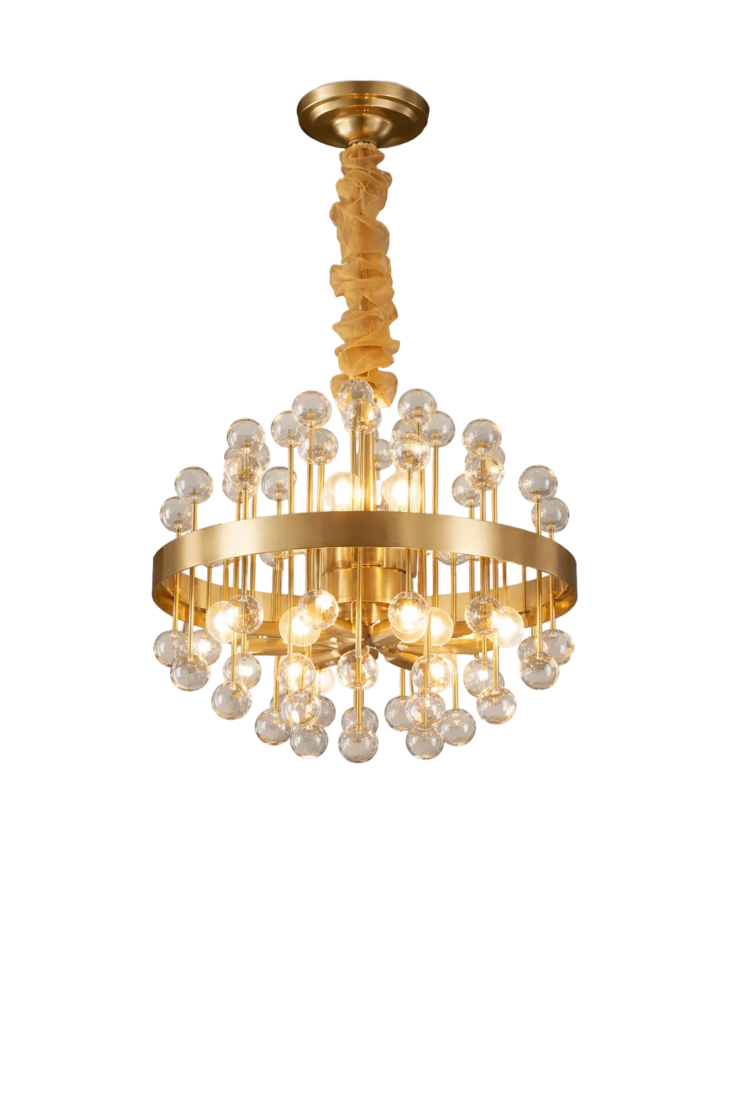 Luxury circular gold chandelier with multiple clear glass globe pendants suspended from a brushed gold ring and wrapped central stem, softly illuminated and isolated on a pure white background.