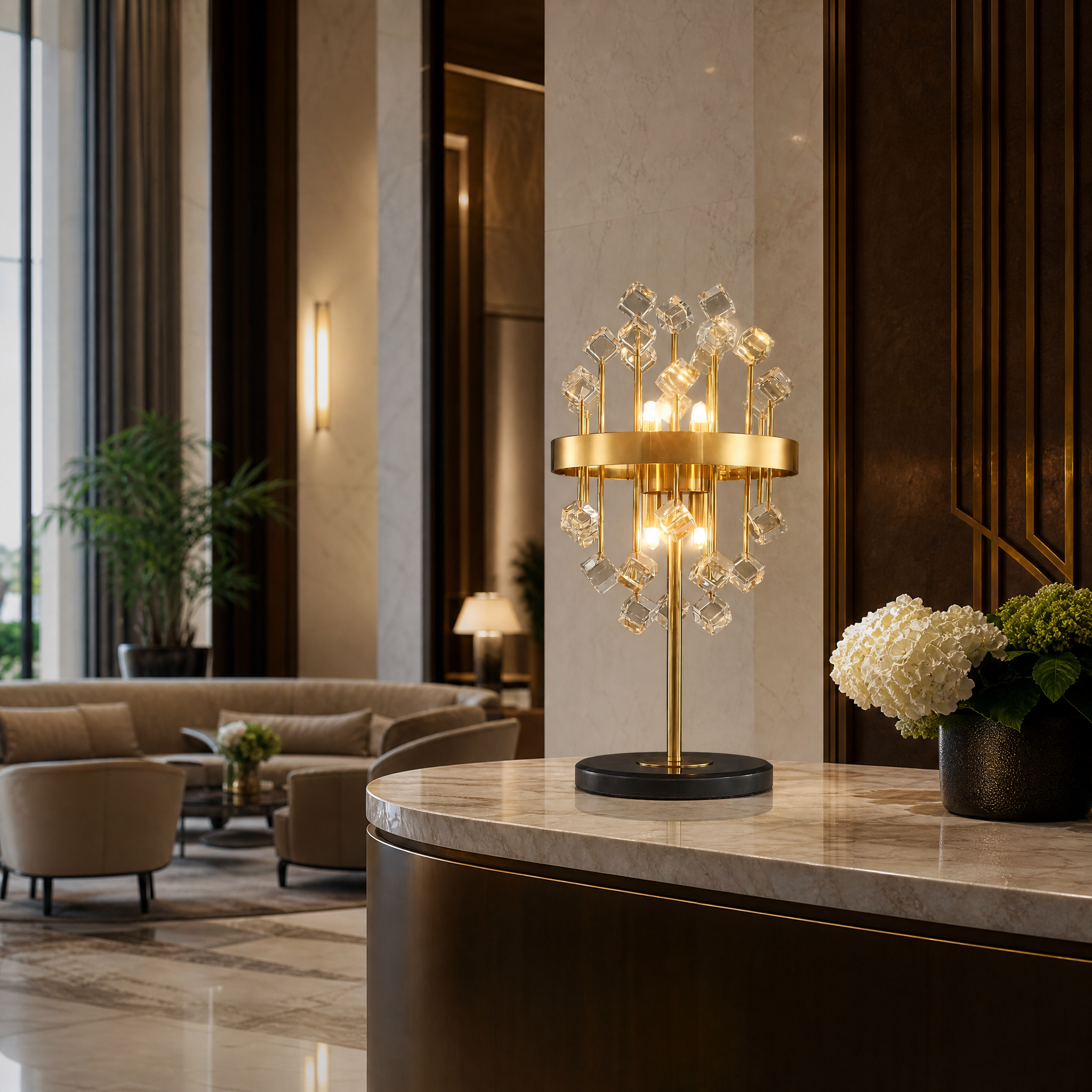 Vorelli Alytus table lamp illuminating a high-end hospitality lounge with its sculptural form and refined contemporary character.