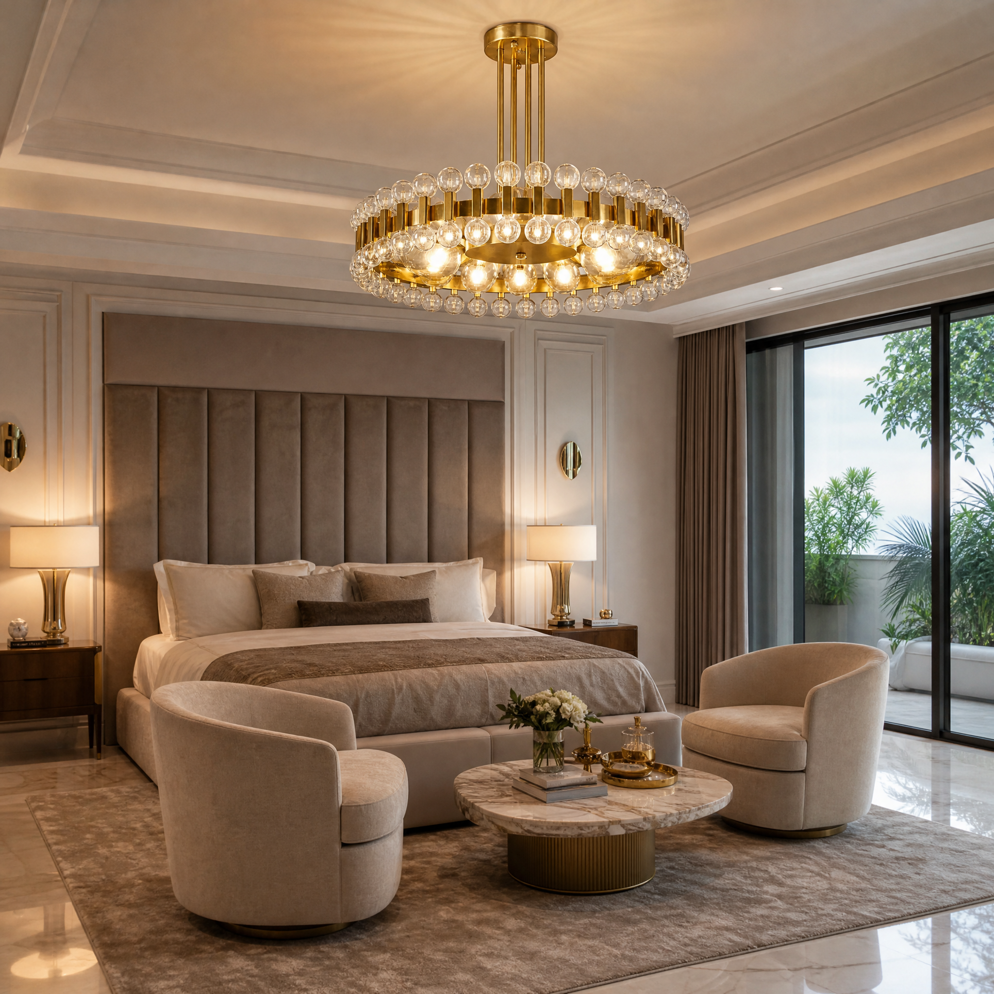 The VORELLI Alytus quirky pendant light hanging in a modern residential living room, casting a warm glow and elevating the sophisticated interior decor.