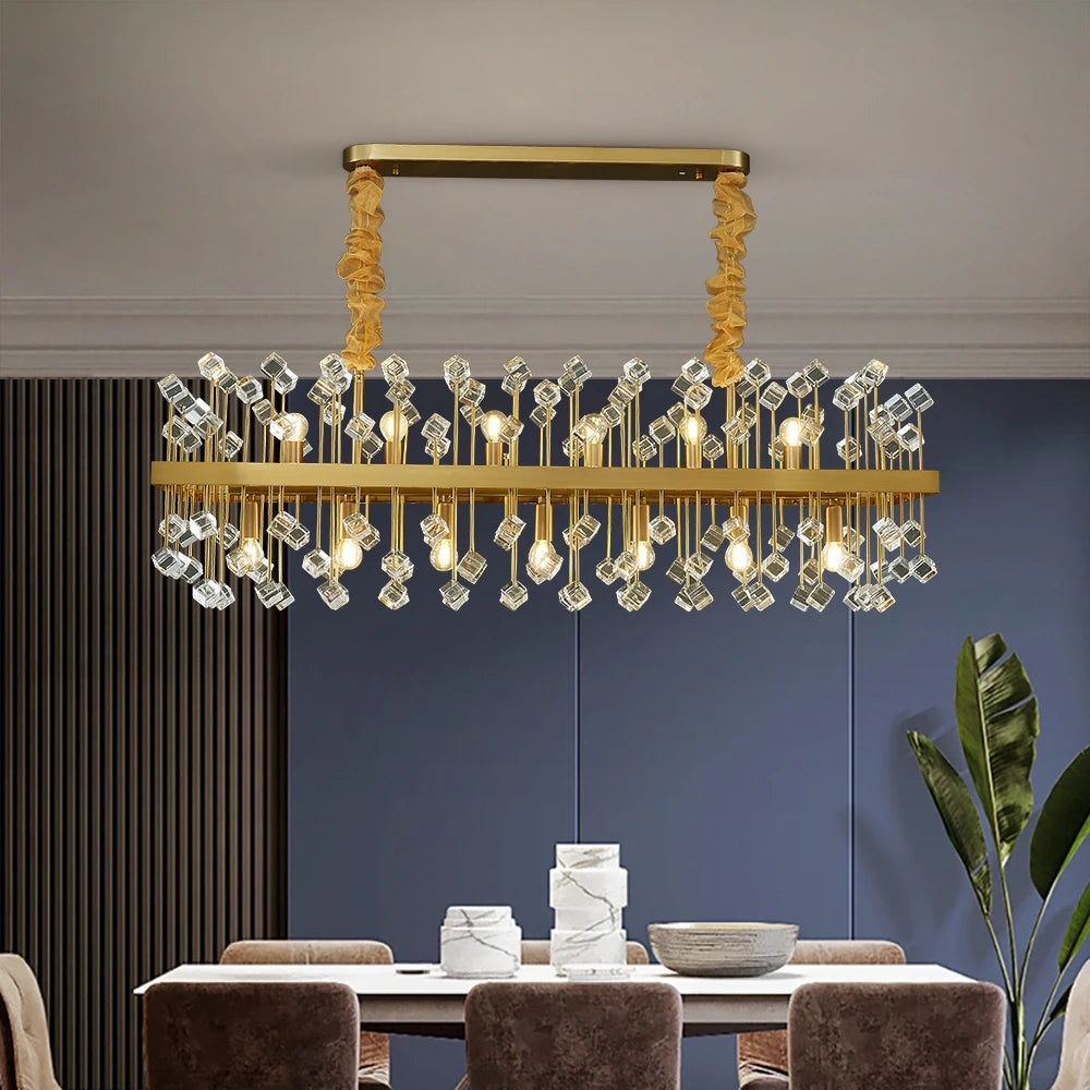 Alytus Rectangular Chandelier with colourful crystal cubes suspended in a luxury dining room setting.