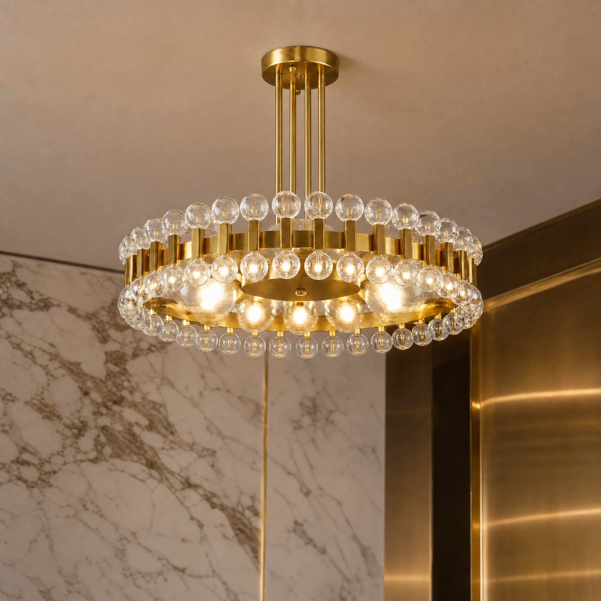 A detailed closeup of the VORELLI Alytus pendant light, showcasing its playful design elements, high-quality finishes, and unique artistic structure.