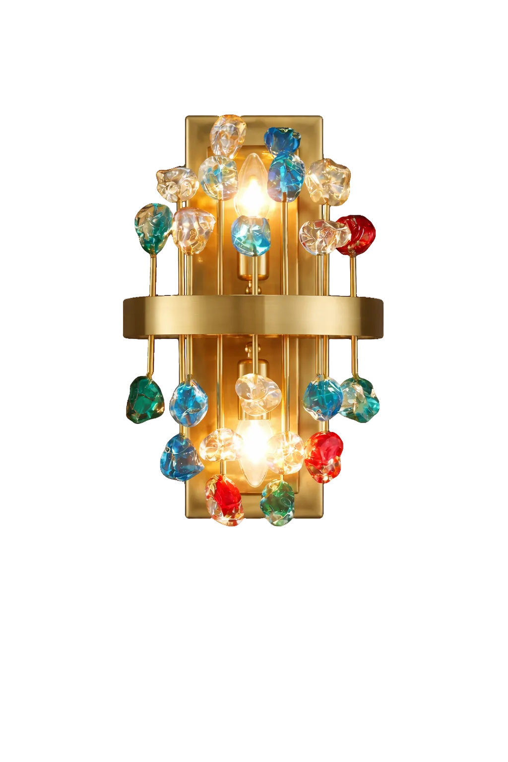 VORELLI® luxury gold wall light with multicoloured crystal drops, modern designer wall lighting for living rooms, bedrooms and hospitality interiors.