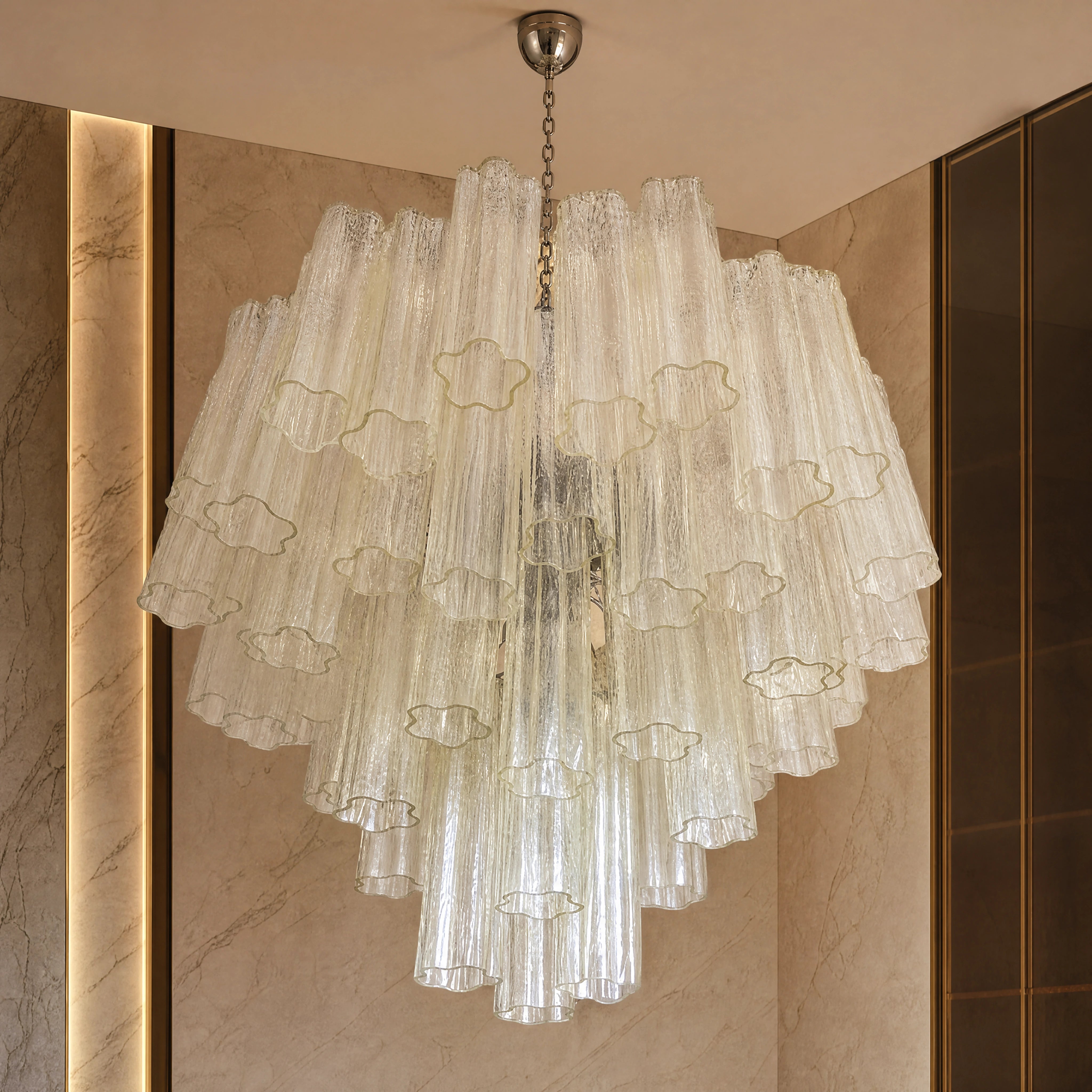 Amara Tronchi Murano Glass Staircase Chandelier close-up luxury lifestyle hero image by VORELLI