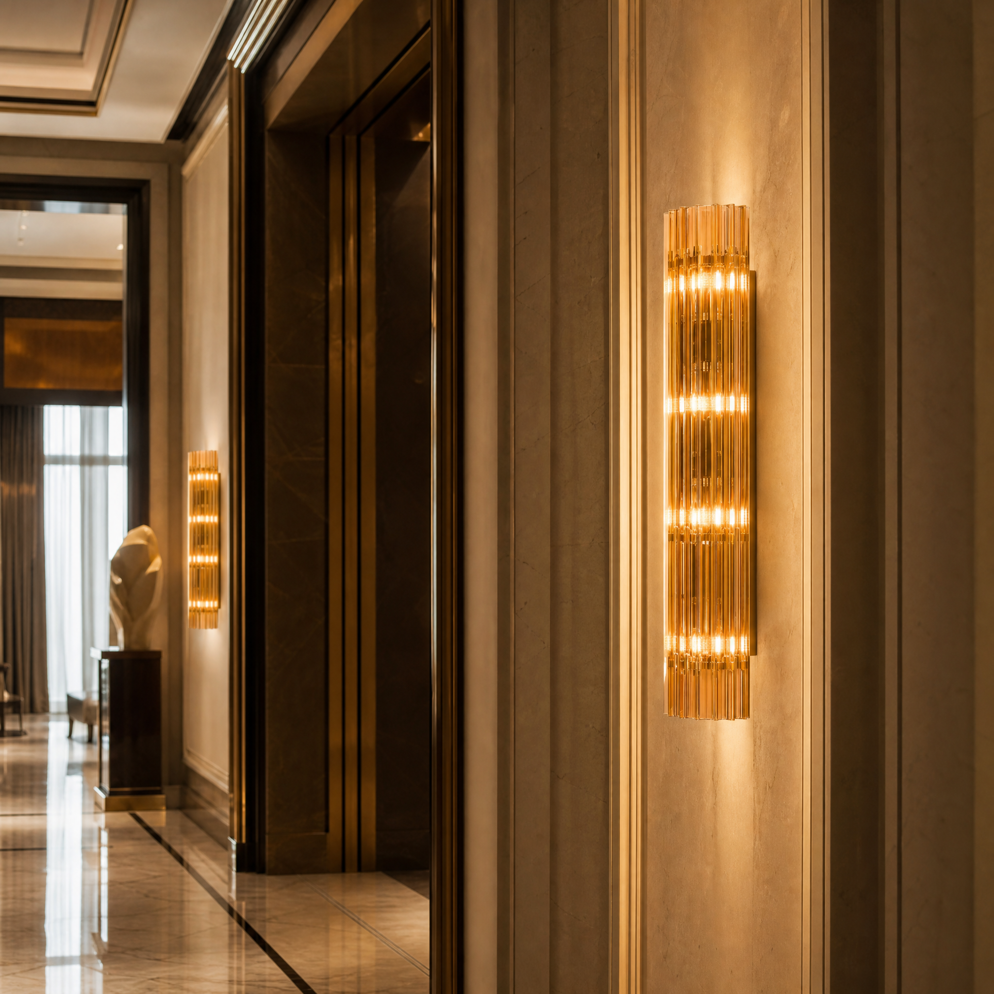 Pair of Amarino 70s-inspired wall lights creating a warm, welcoming ambiance in a boutique hotel hospitality lobby.