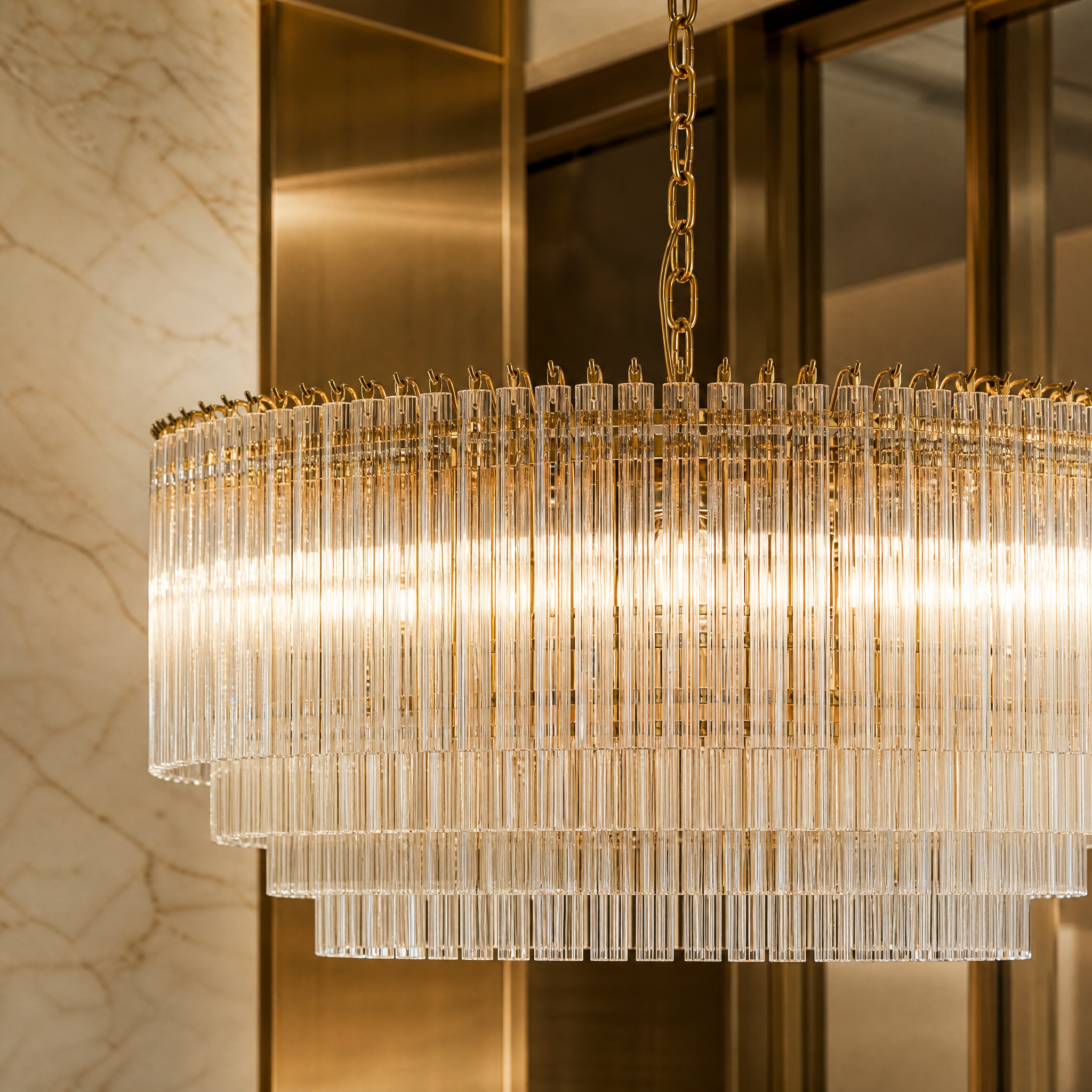 Macro close-up shot of the midcentury-inspired Murano triedri glass prisms on the VORELLI Amarino large circular chandelier.