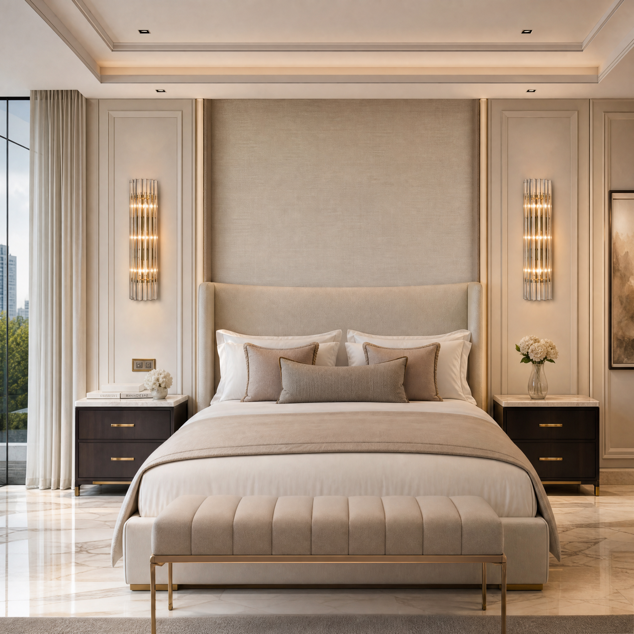 VORELLI Amarino IP44 wall light installed in a luxury residential bathroom, showcasing the long-format clear glass pieces and warm 70s-inspired ambiance.