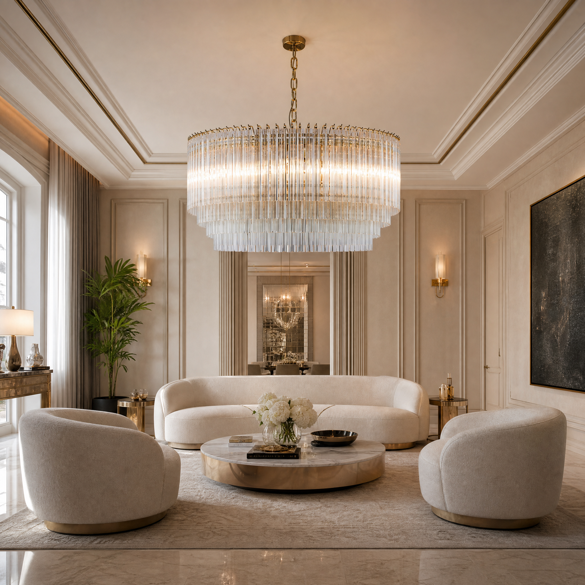 VORELLI Amarino 100cm large circular chandelier in a luxury residential living room setting.