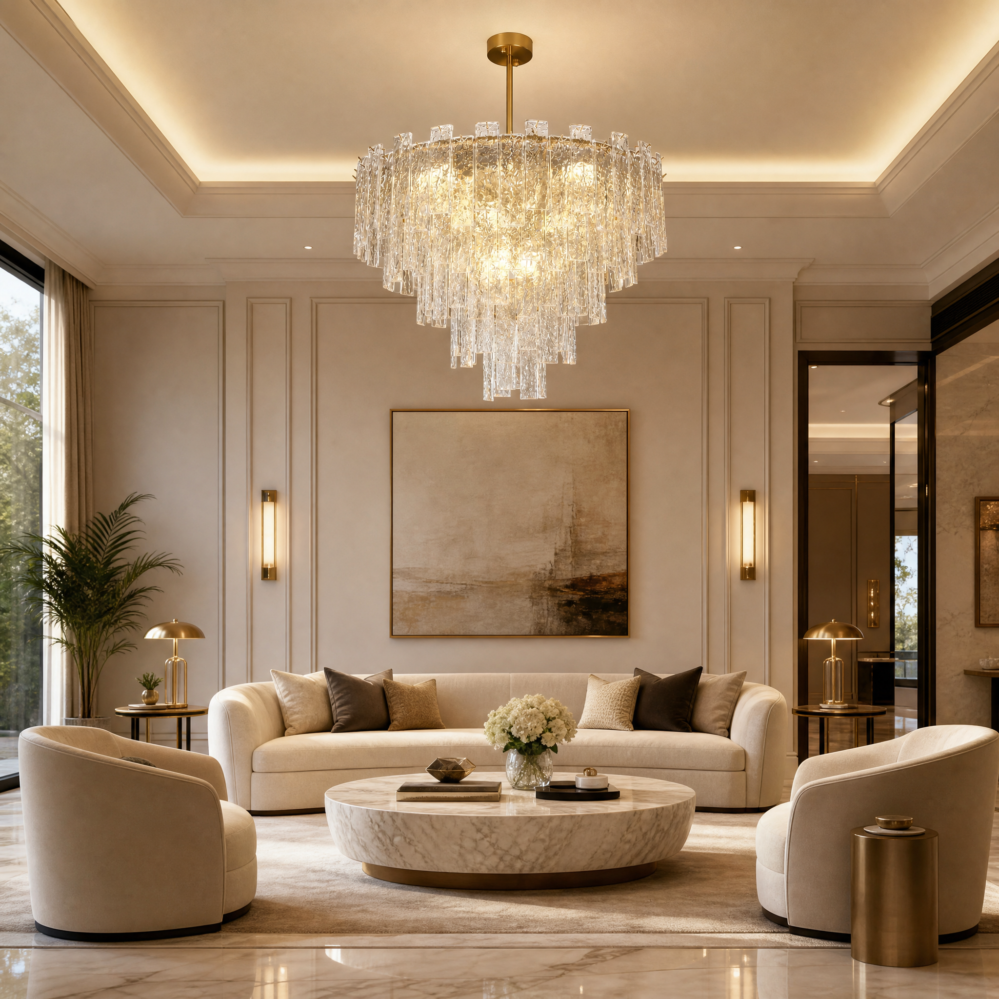 The VORELLI Ambani Circular Chandelier illuminating an upscale residential dining space with warm, cascading light refracting through cracked crystal pieces.