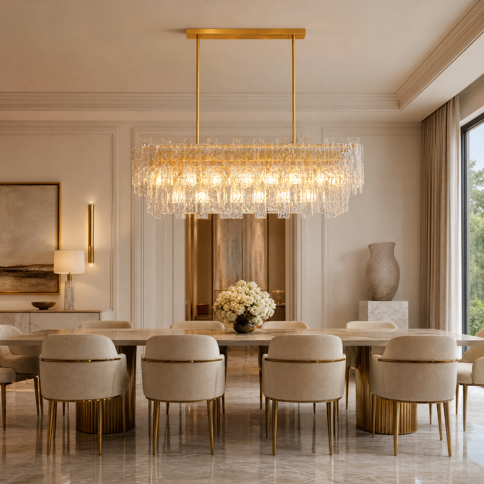 The VORELLI Ambani rectangular chandelier hanging elegantly above a contemporary dining table in a luxury residential dining room.