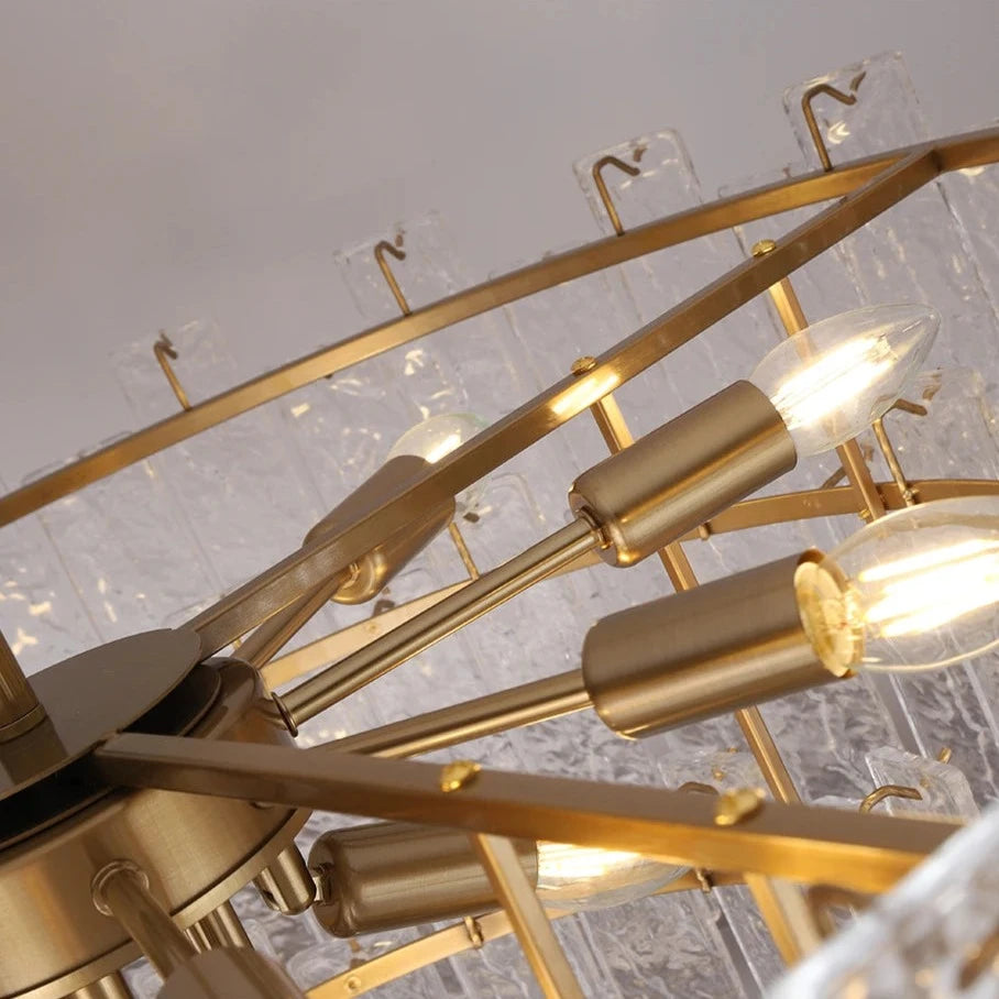 Detail of the Ambani Rectangular Chandelier’s gold ceiling mount and precision hanging structure for luxury interiors.