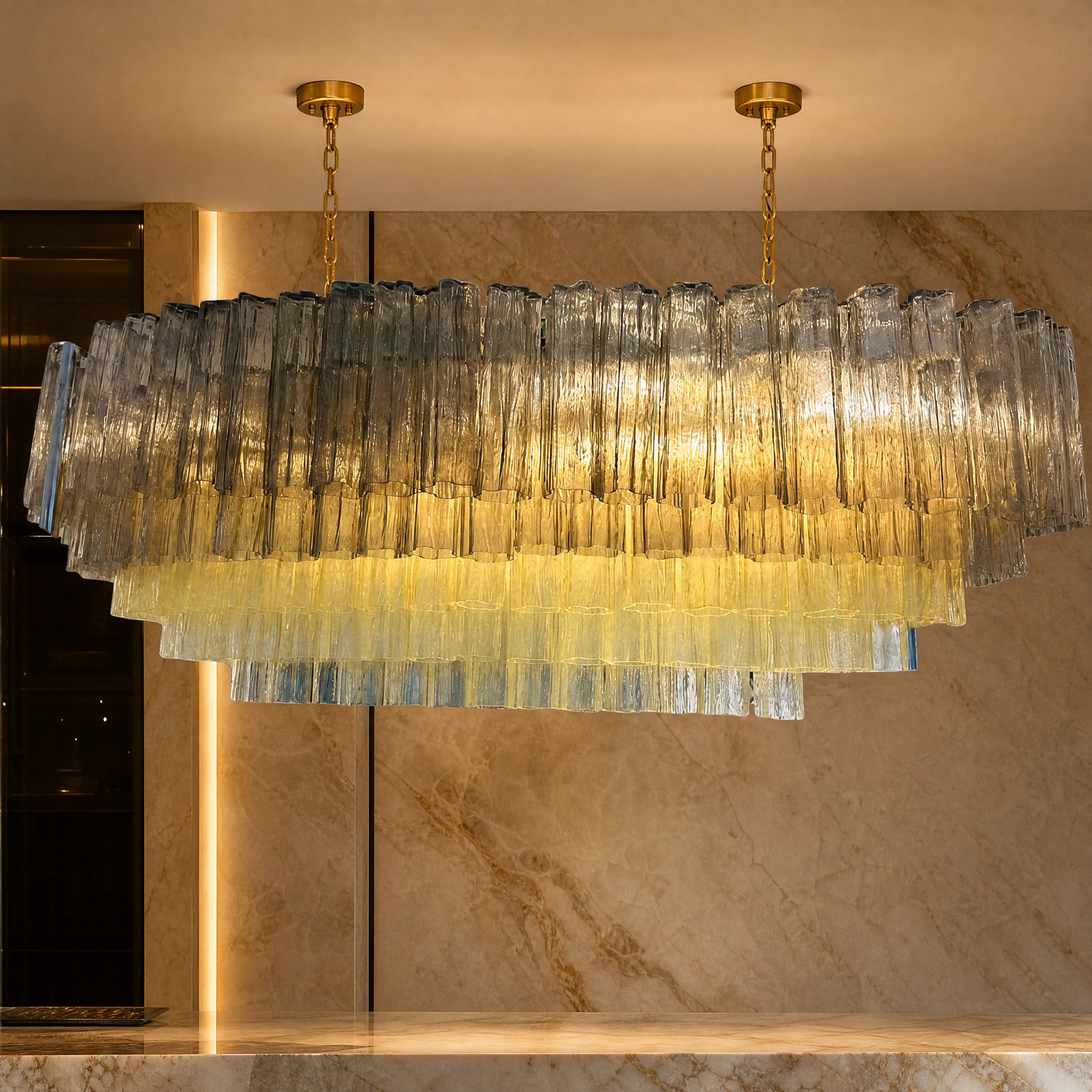 Anastasia Tronchi Murano Glass Rectangular Chandelier close-up luxury lifestyle hero image by VORELLI
