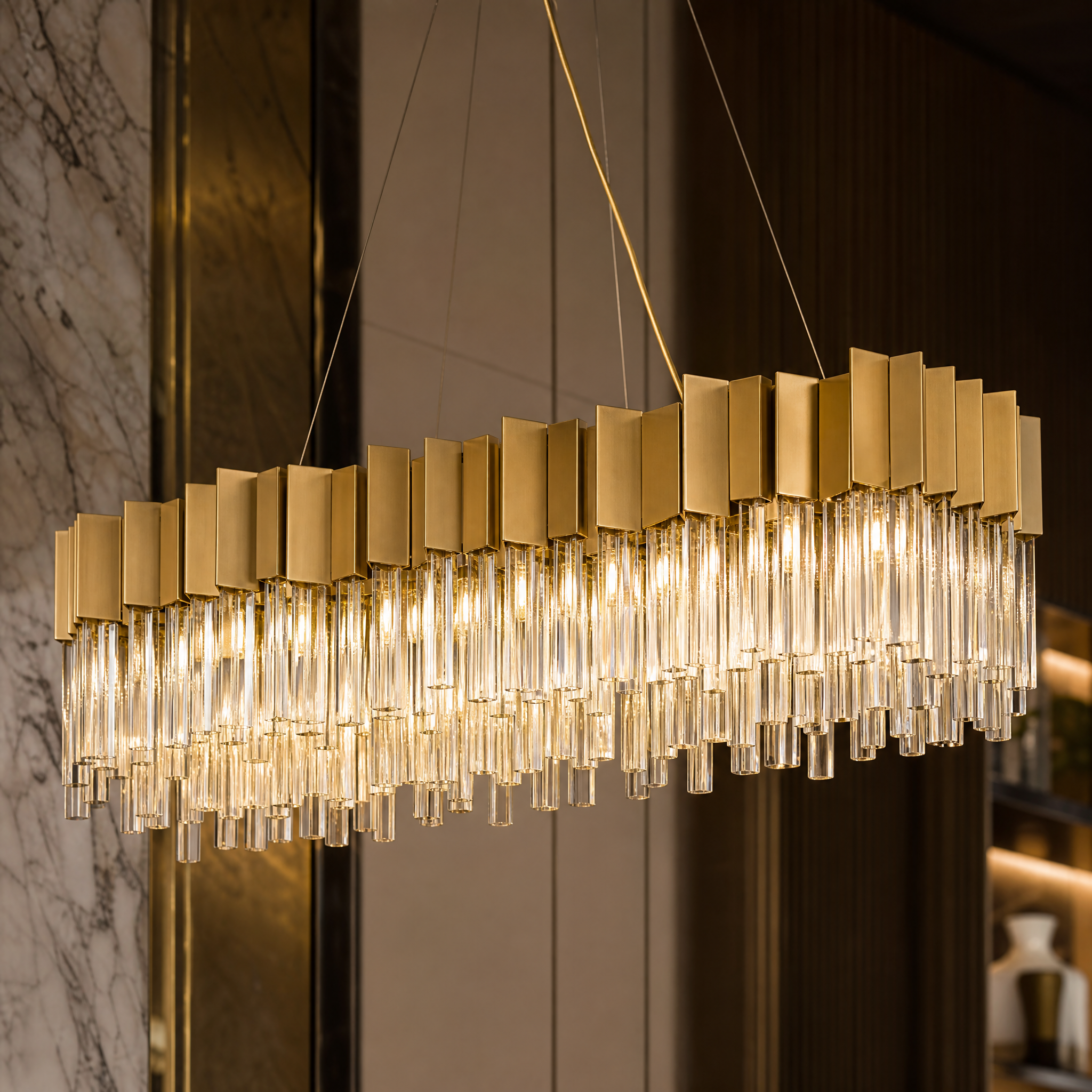 Close-up detail of the VORELLI Antilia Chandelier showing the refined geometry of the sleek frame and brilliant prism-cut crystal bars.