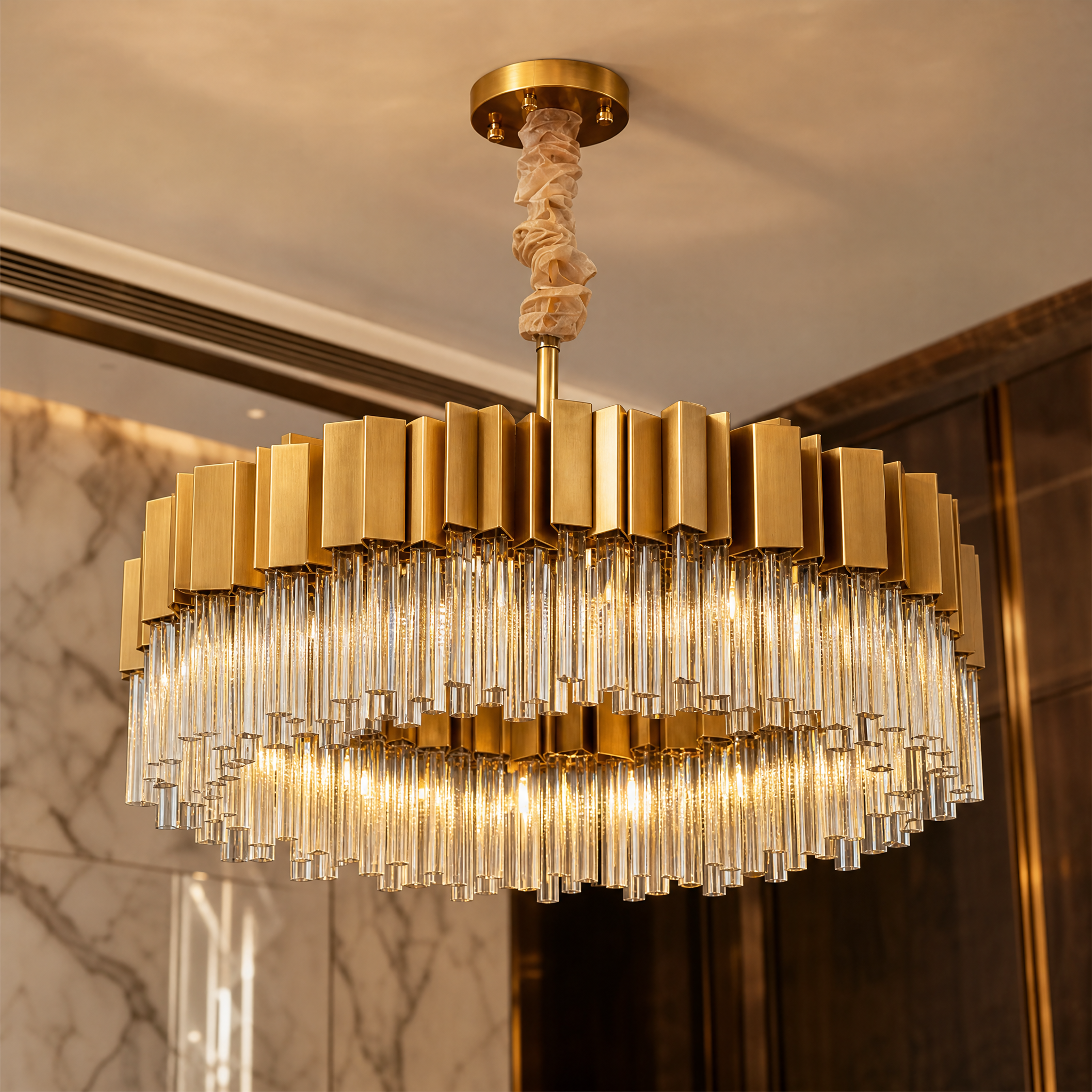 Macro closeup of the refined prism-cut crystal bars on the VORELLI Antilia circular chandelier, highlighting its intricate symmetry and luxury craftsmanship.