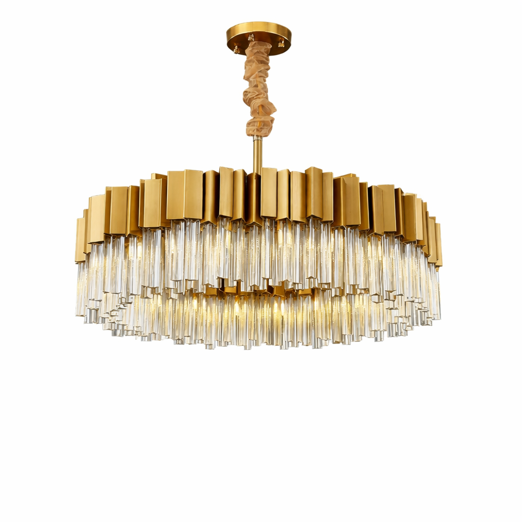 VORELLI Antilia circular chandelier casting a warm, luxurious glow across an upscale dining area space.