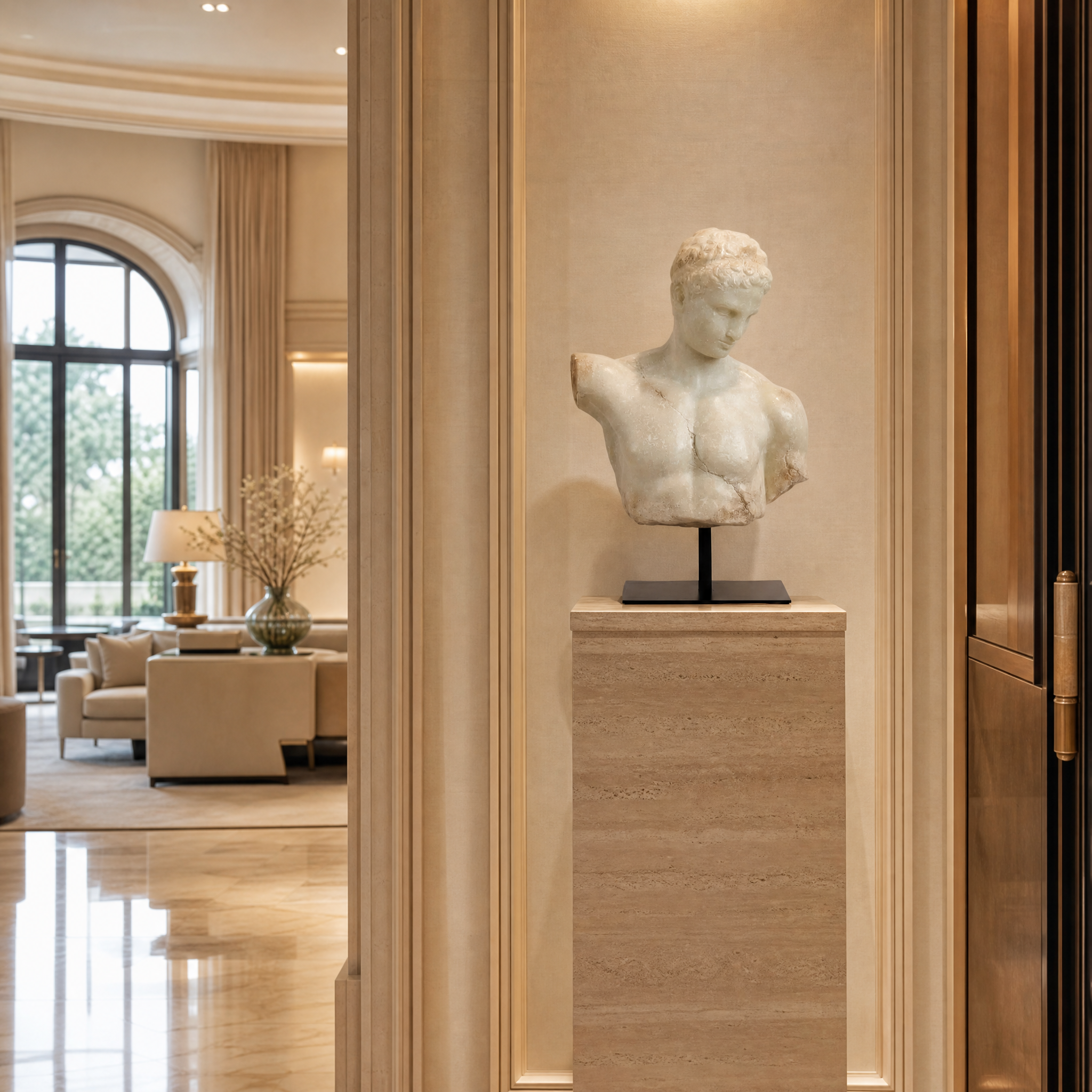 The classical Antimo Bust Decor by VORELLI displayed in a sophisticated upscale hotel lobby or boutique hospitality space.