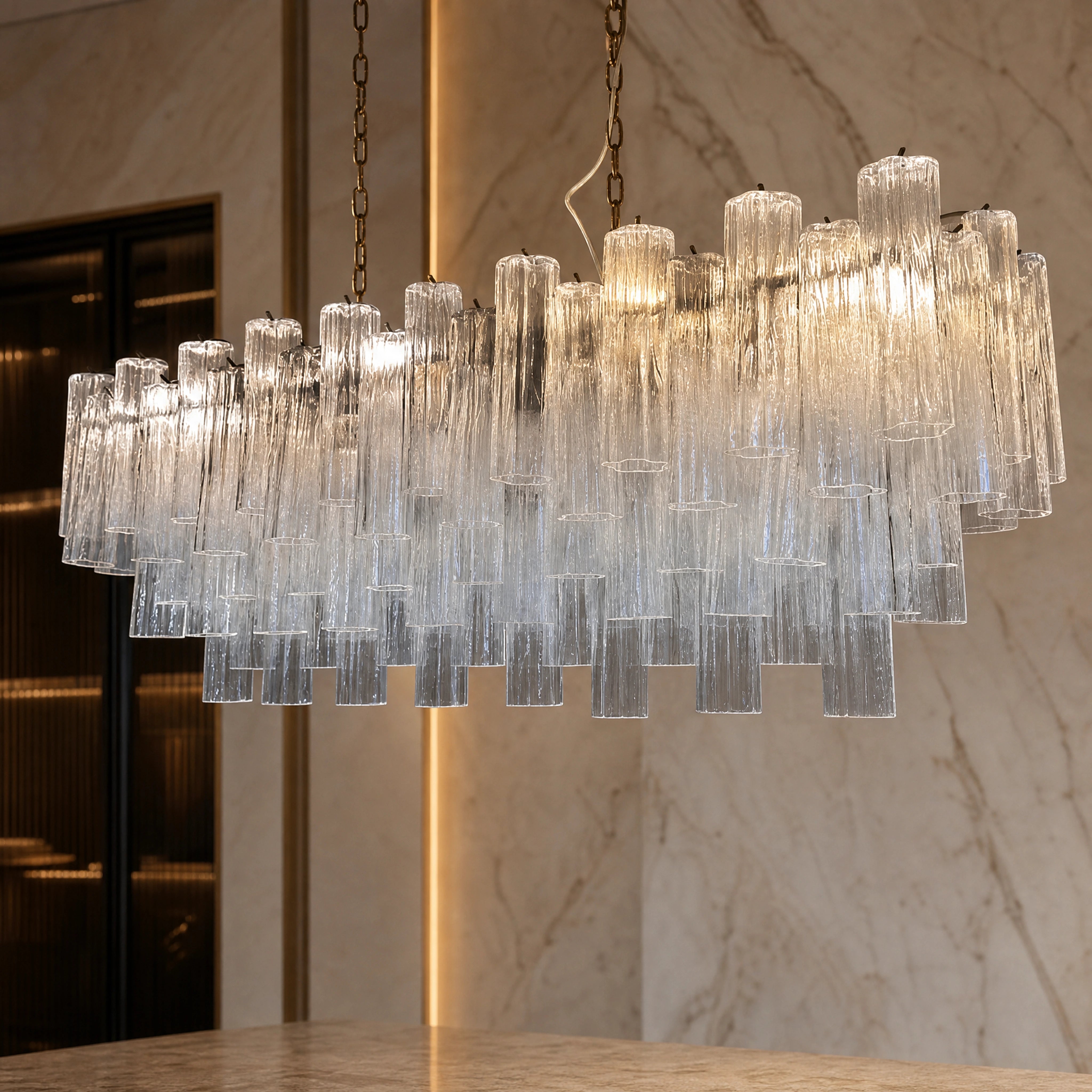 Antonella Tronchi Murano Glass Rectangular Chandelier close-up luxury lifestyle hero image by VORELLI