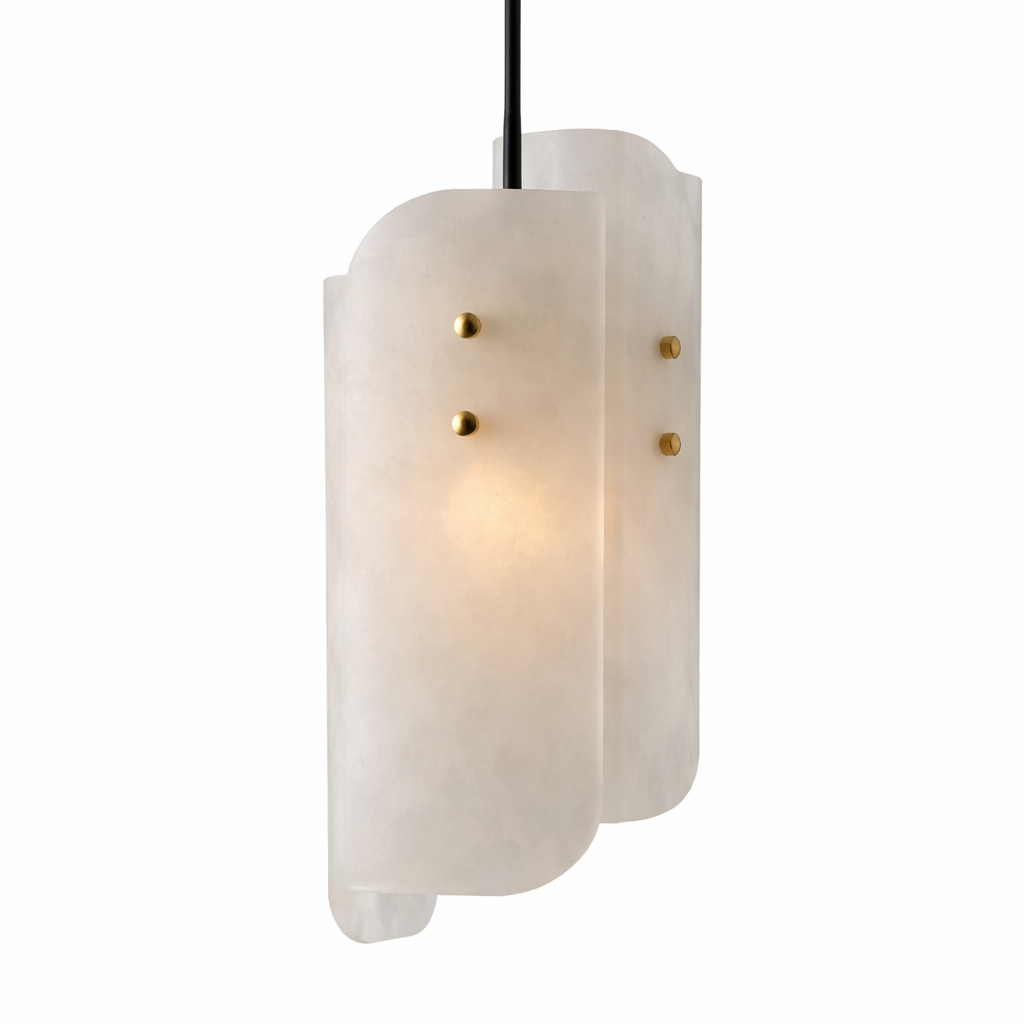 VORELLI Antonio marble pendant light showcasing its softly curved panels and the delicate diffusion of warm light through natural stone.