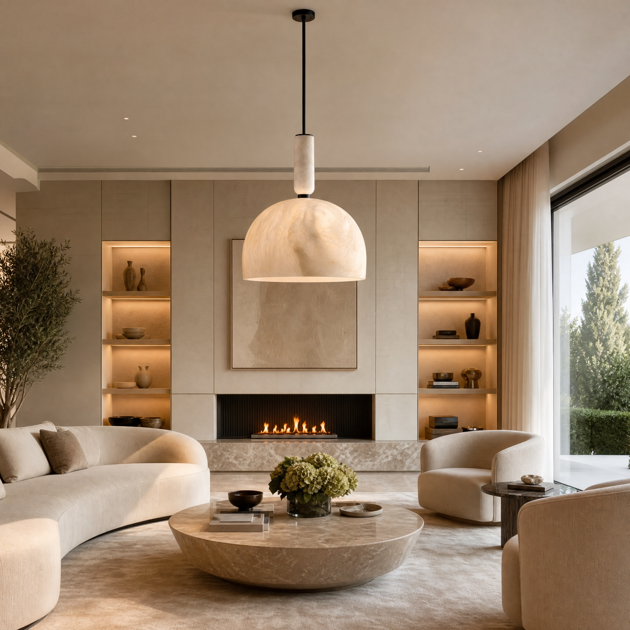VORELLI Aphrodite marble pendant light hanging elegantly above a contemporary residential dining table, casting a soft glow over modern interior decor.