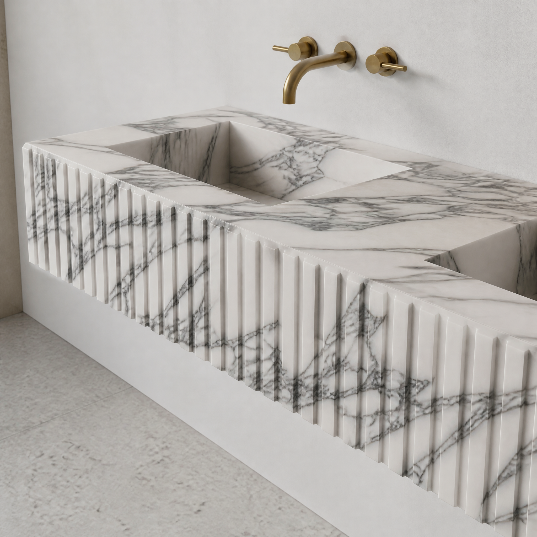 Arabescato Marble Double Sink - Fluted stone craftsmanship detail image by VORELLI