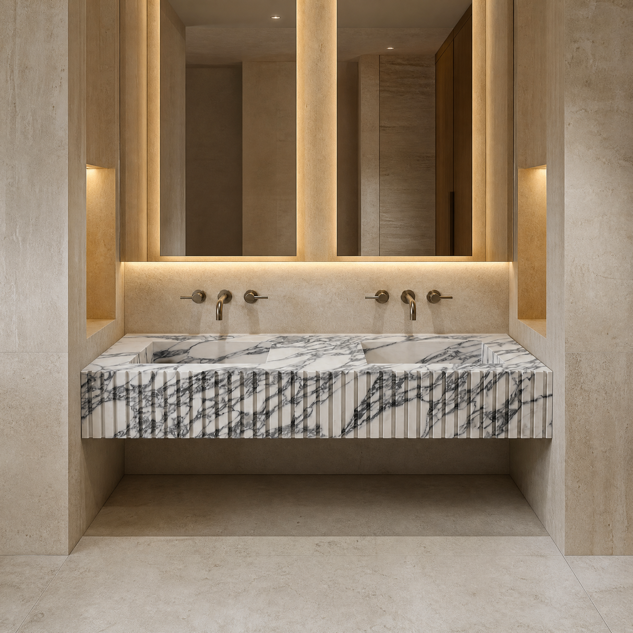Arabescato Marble Double Sink - Fluted palace hotel spa lifestyle image by VORELLI