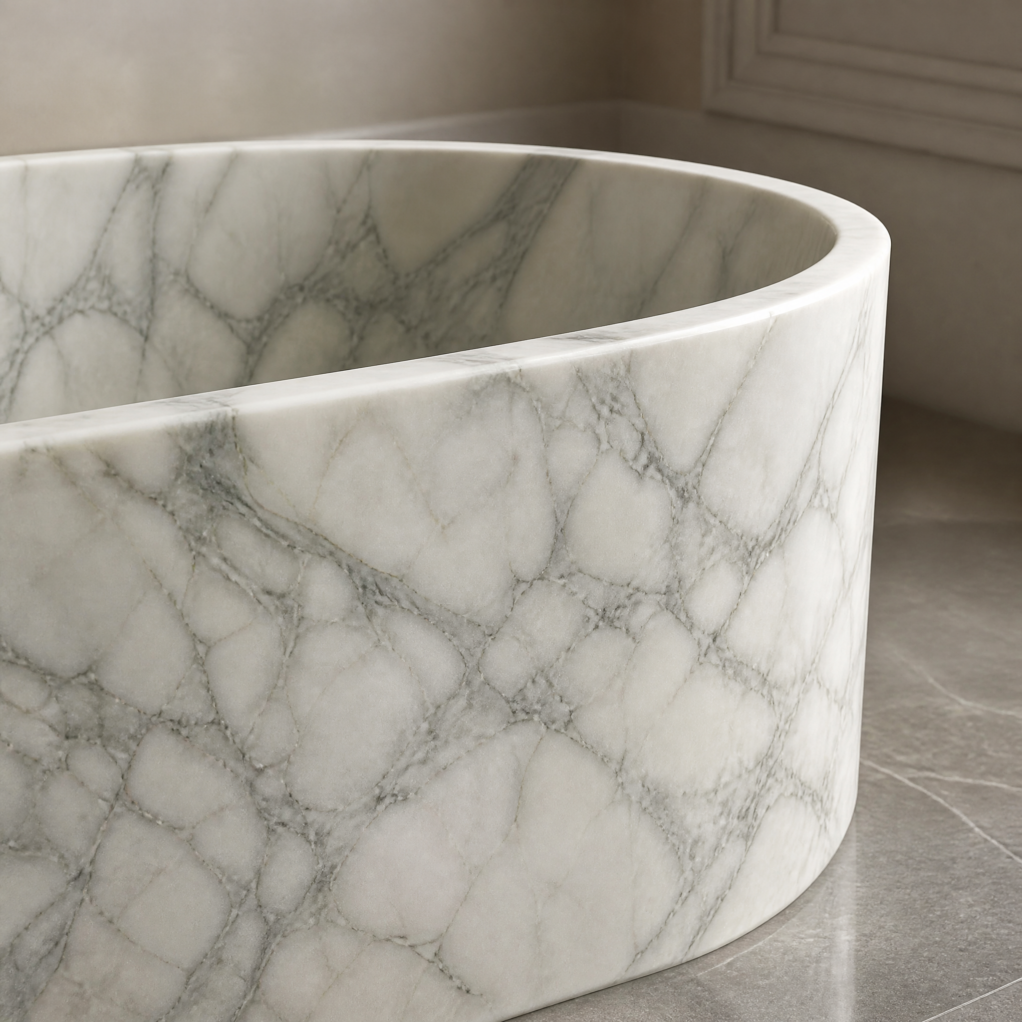 Arabescato Marble Freestanding Bathtub - Elliptical stone craftsmanship detail image by VORELLI
