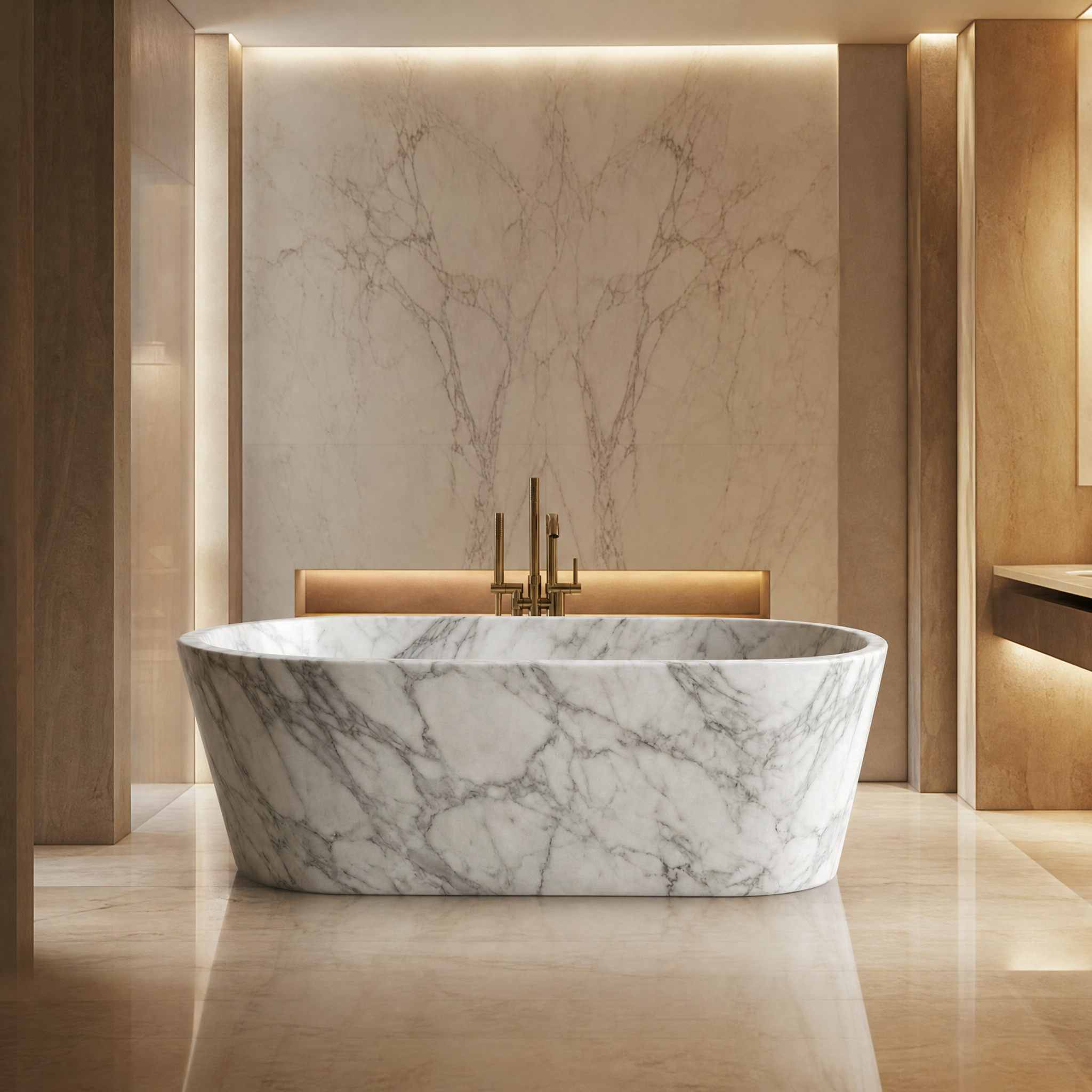 Arabescato Marble Freestanding Bathtub - Tapered palace hotel spa lifestyle image by VORELLI