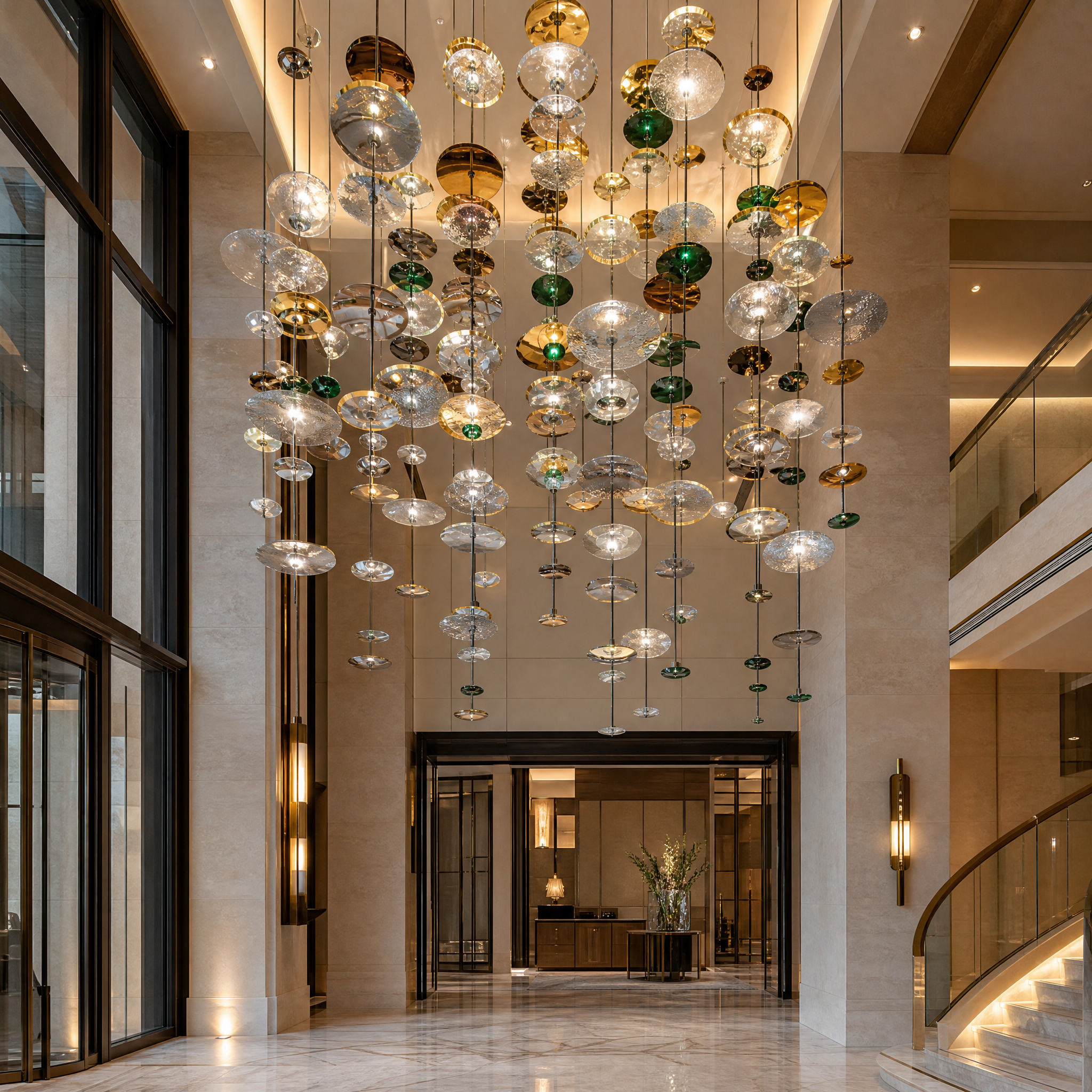Custom crystal discs and stainless steel lighting design creating a sophisticated atmosphere in a luxury hospitality lobby.