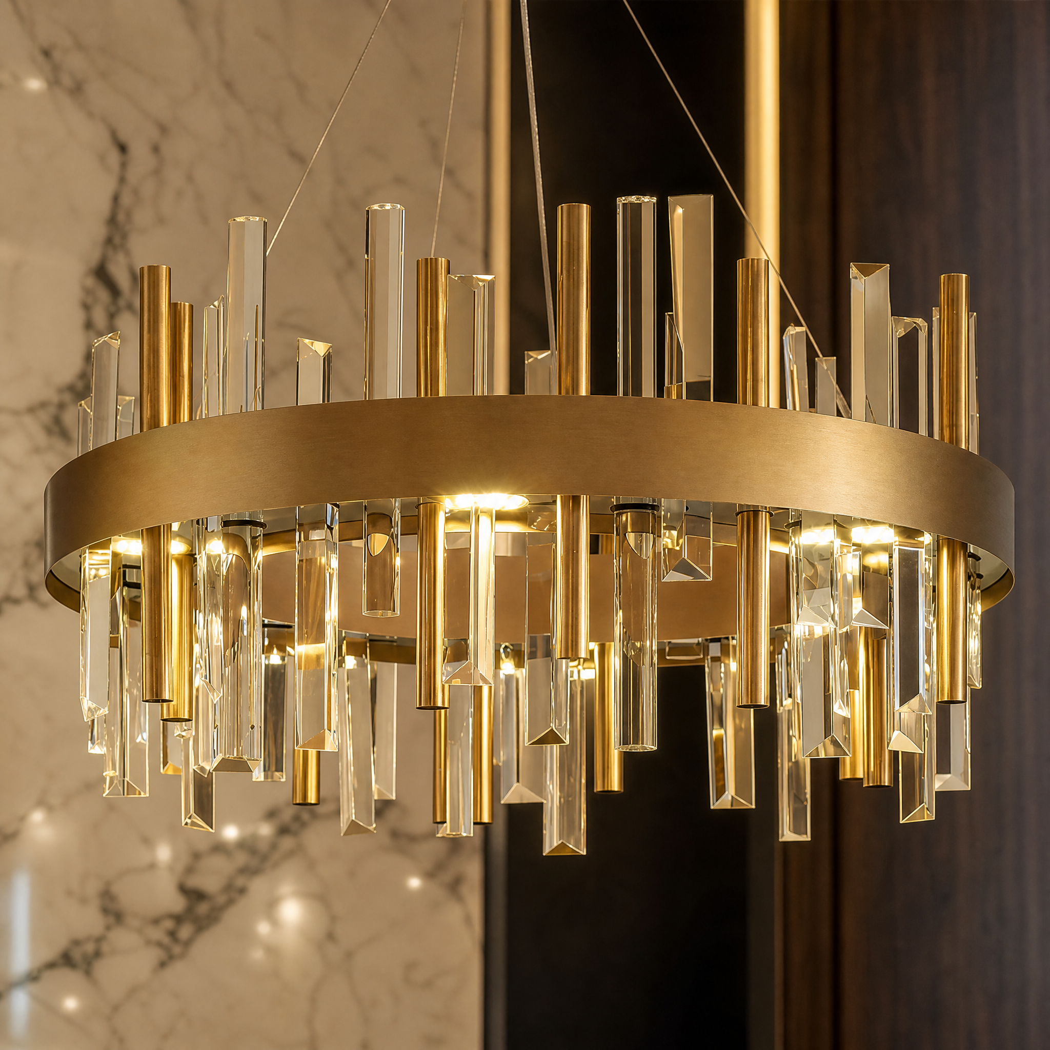 A detailed macro closeup of the VORELLI Ardmore chandelier, showcasing the intricate metal tubing and sparkling crystal bars.