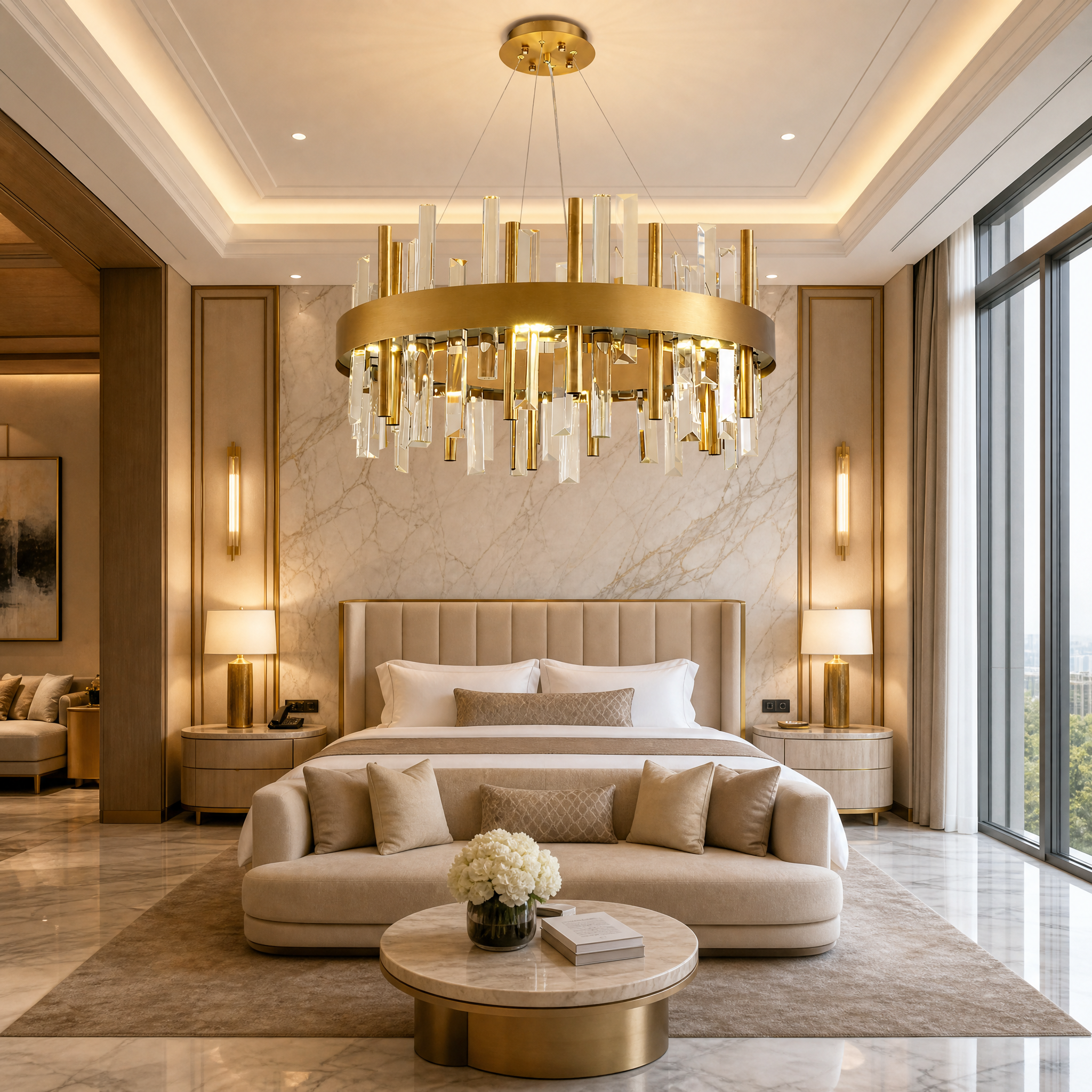 The grand VORELLI Ardmore circular ring chandelier installed in a high-end boutique hotel lobby, enhancing the sophisticated interior design.