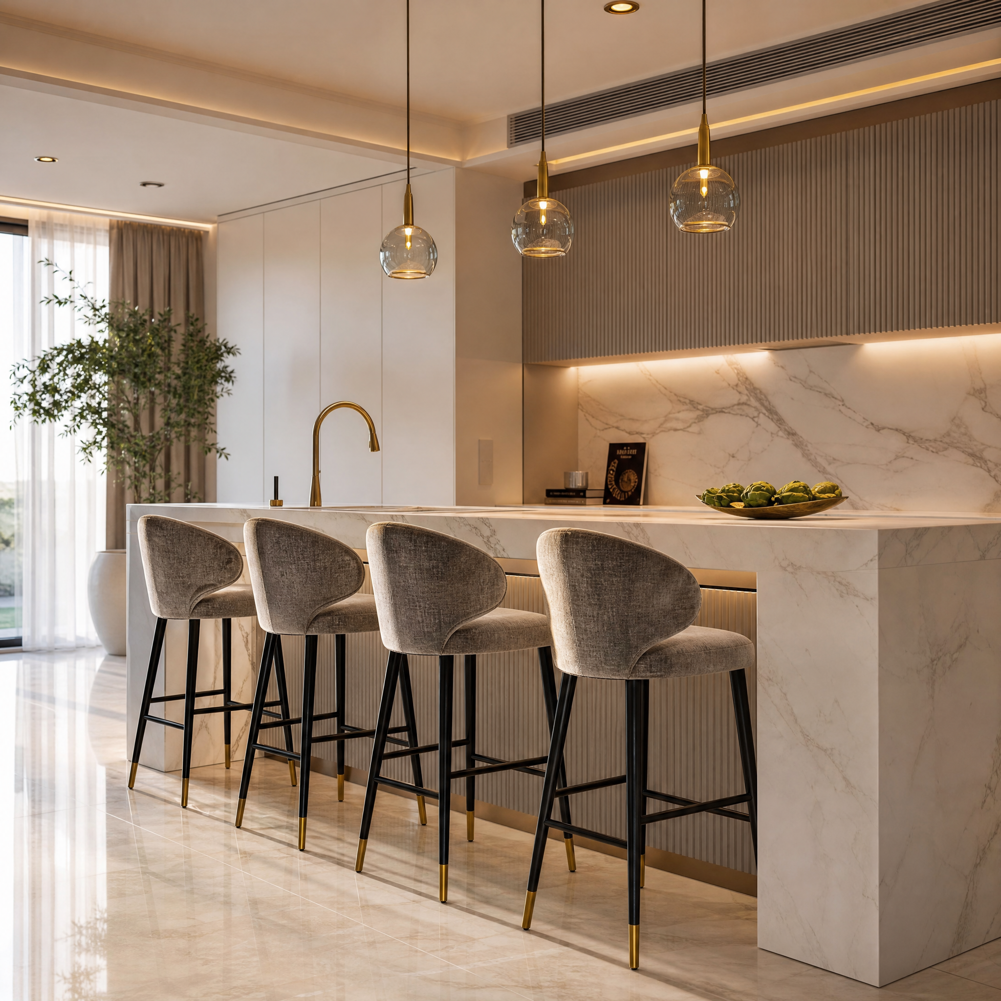 VORELLI Arevo contemporary bar stool with black mouse fabric upholstery and brass trim at a modern kitchen counter.