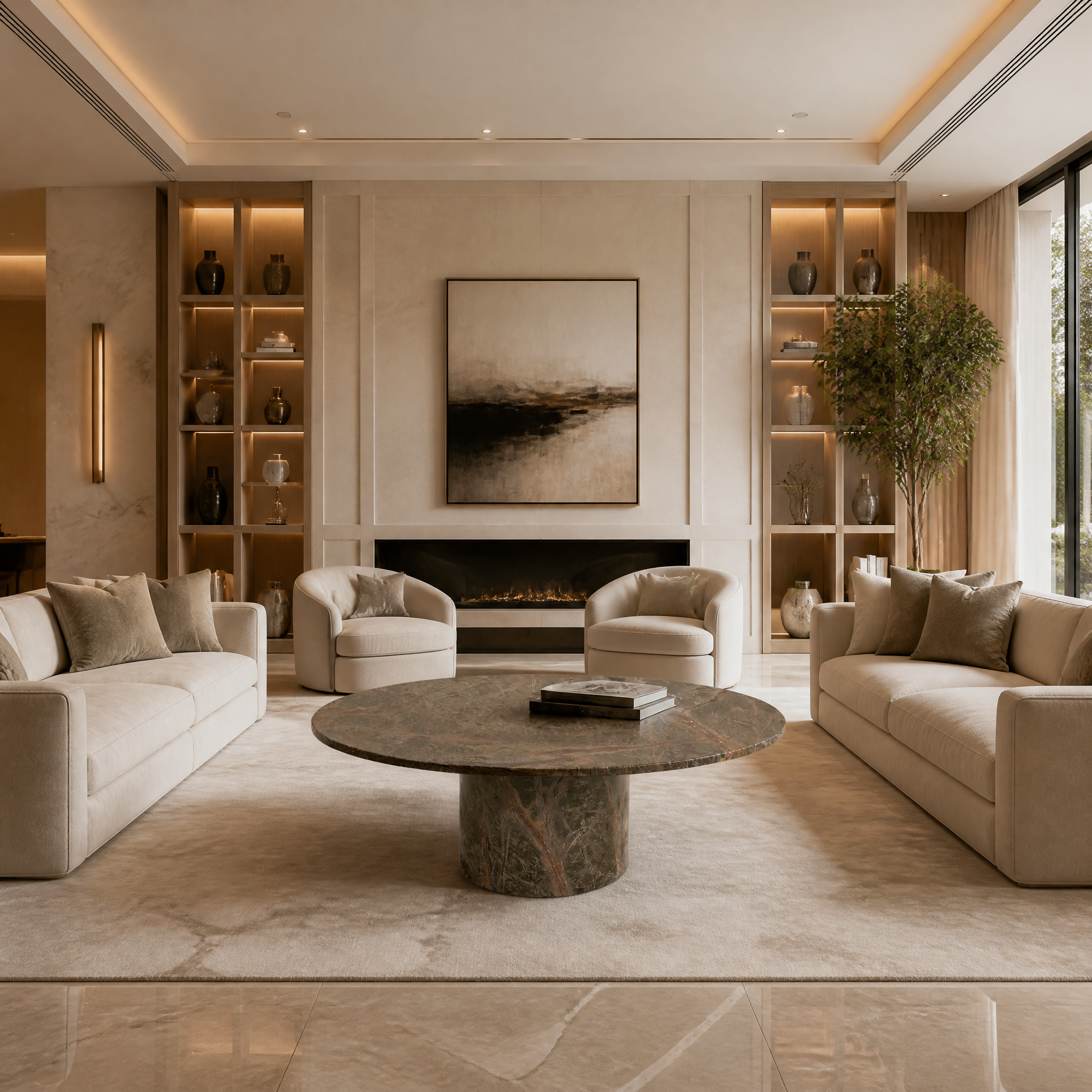 VORELLI Argentino Forest Green marble oval coffee table in a modern residential living room setting.