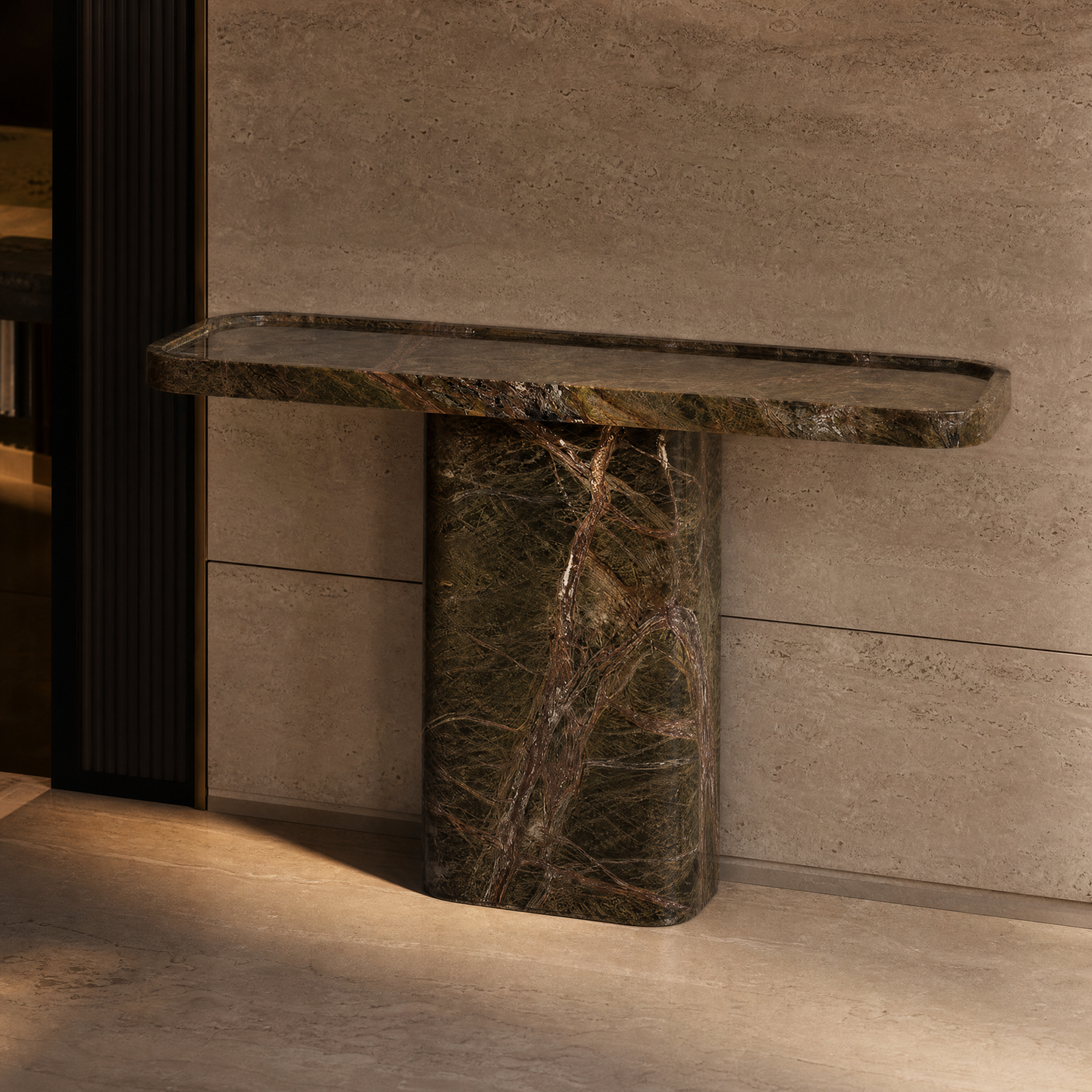 Close-up detail of the premium solid honed Forest Green marble texture on the VORELLI Argentino console table pedestal.