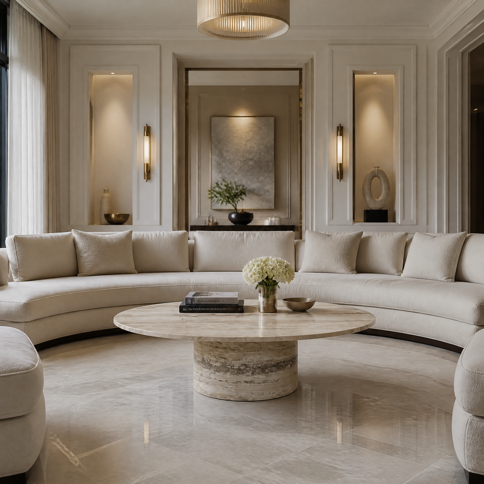 VORELLI Argentino oval travertine coffee table styled in a warm, neutral residential living room setting.