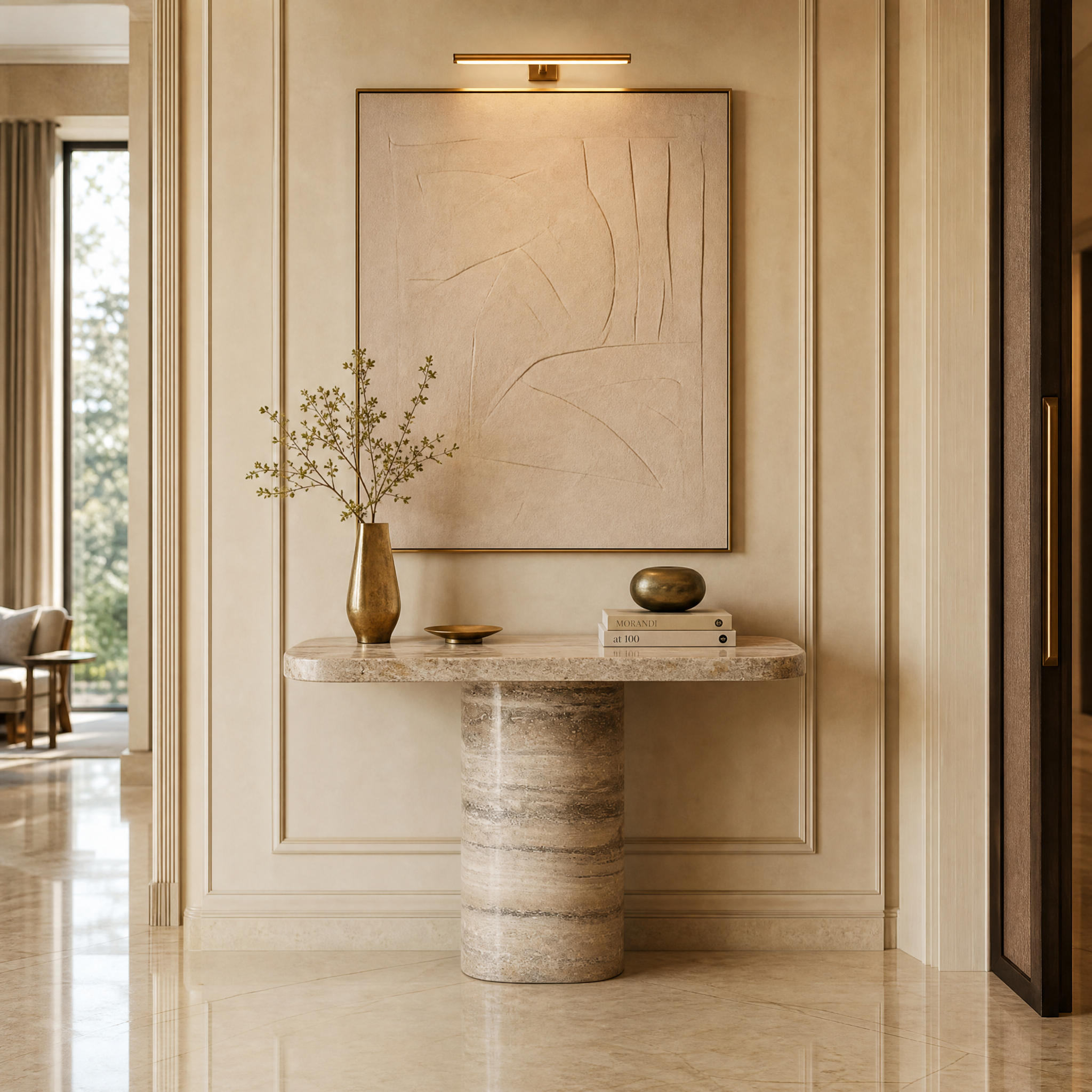 VORELLI Argentino travertine console table styled in a contemporary residential living room with warm neutral tones.