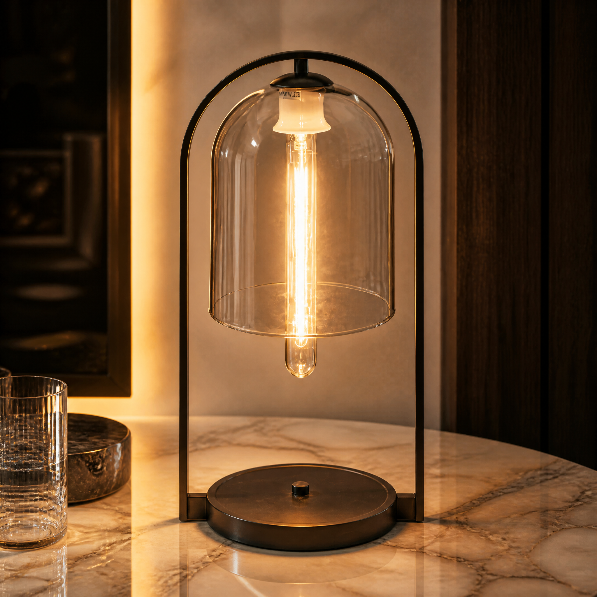 Detailed closeup of the VORELLI Arvello table lamp showcasing its curved dark bronze frame, clear glass dome shade, and exposed light source.