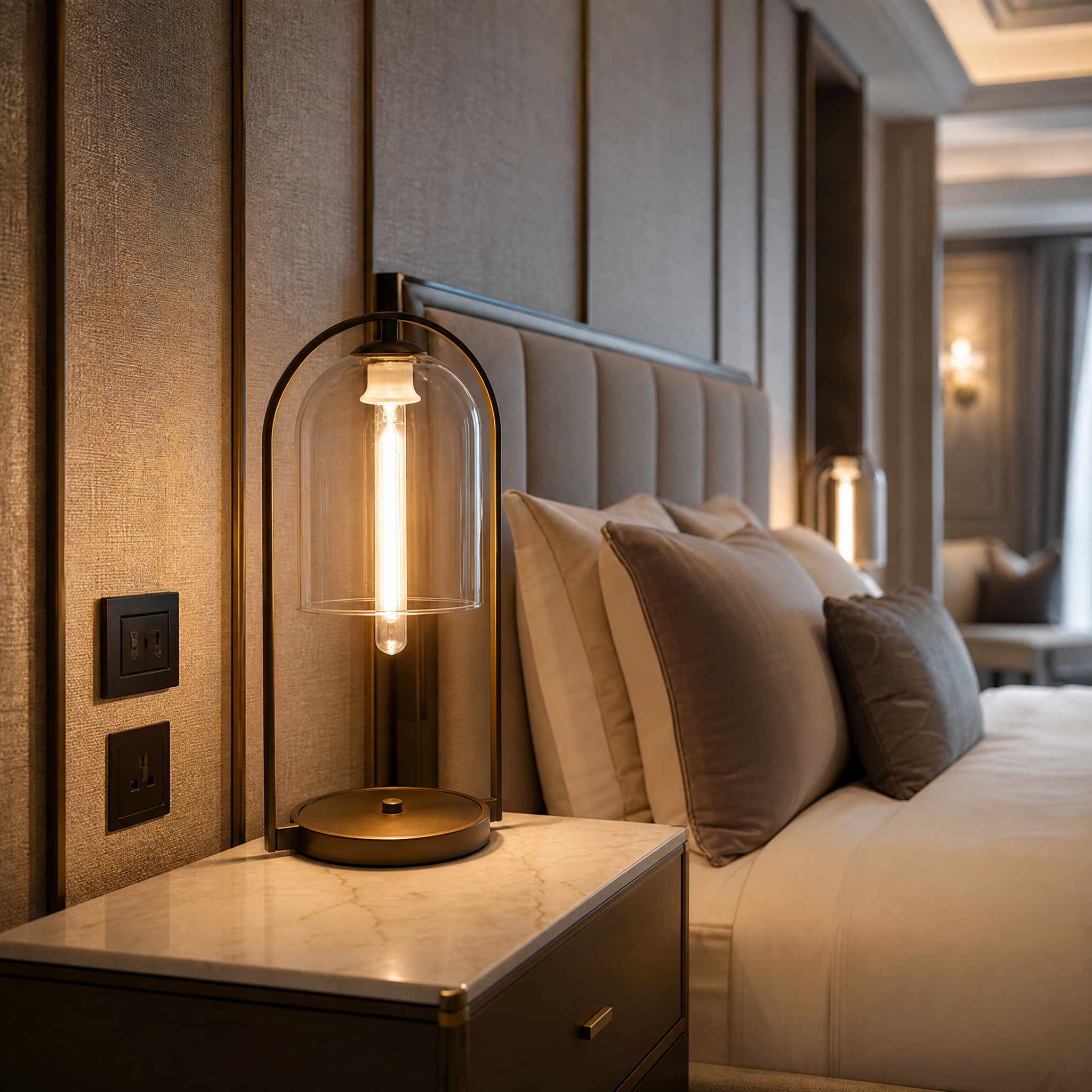 VORELLI Arvello luxury dark bronze table lamp with clear glass dome shade styled on a contemporary hotel suite bedside table.