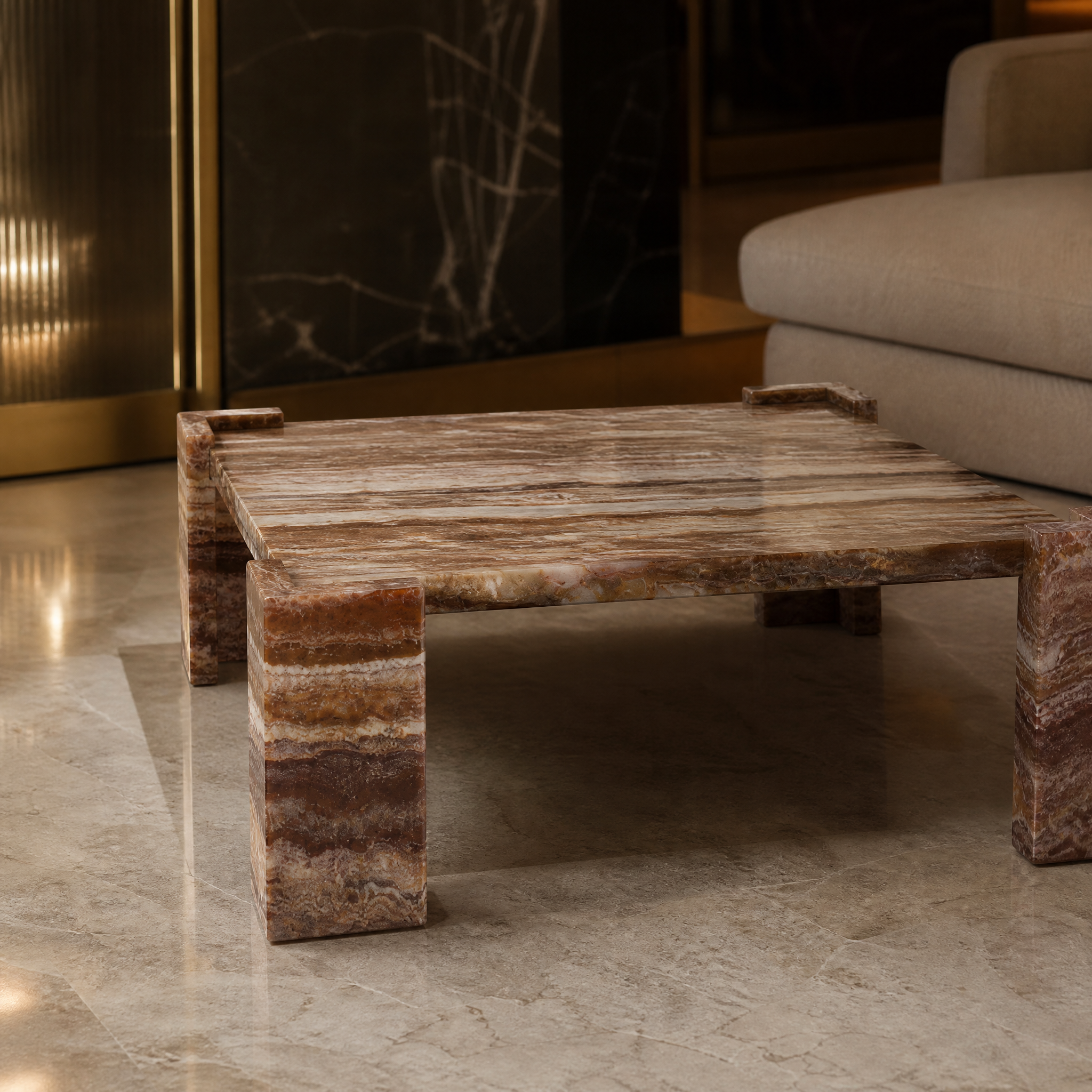 Macro close-up view showing the unique natural stone variations, blush undertones, and neutral veins of the VORELLI Asprino red jade marble tabletop.