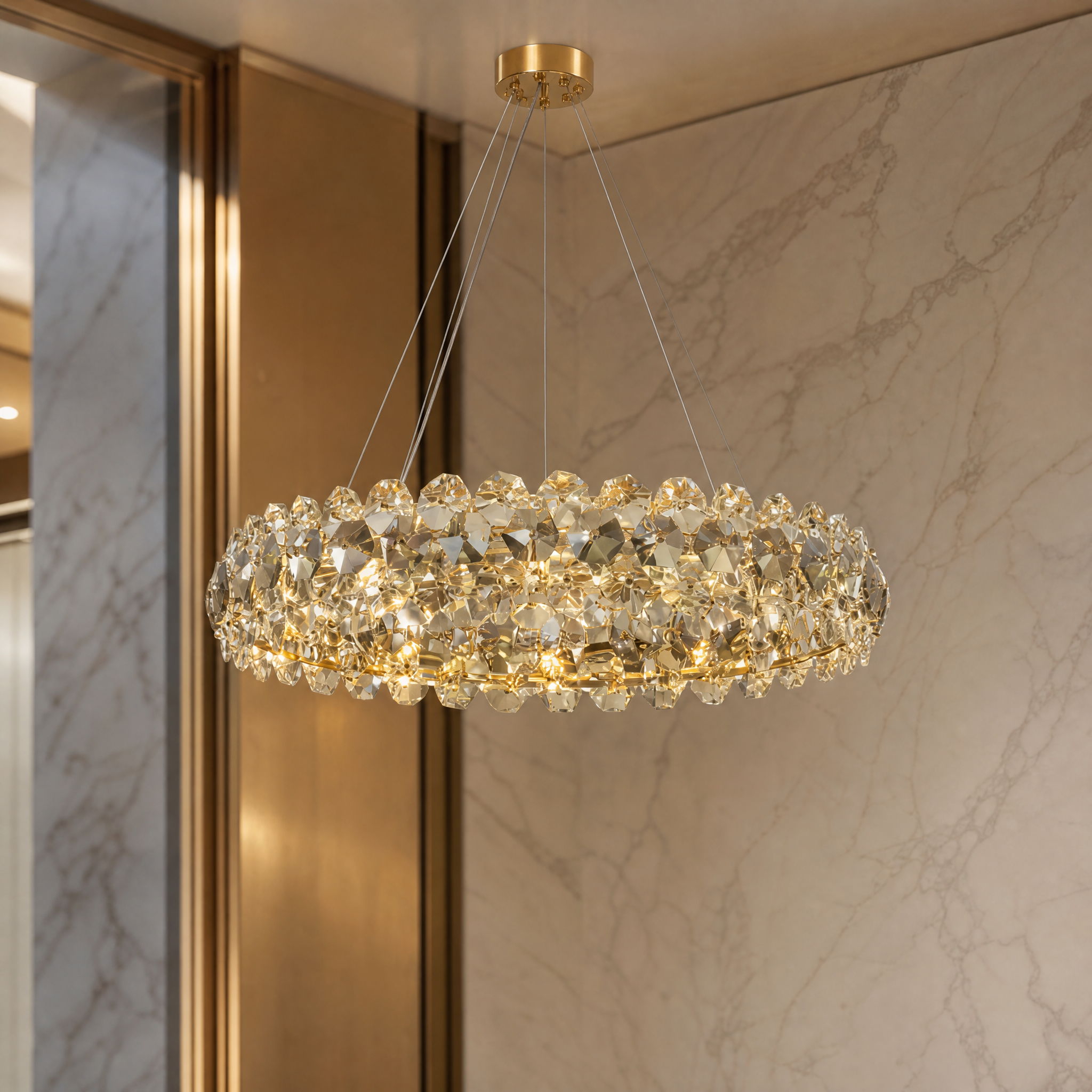 Close-up detail of the VORELLI Astoria chandelier showing the exquisite blend of clear and smoky grey crystals in its elegant ring design.