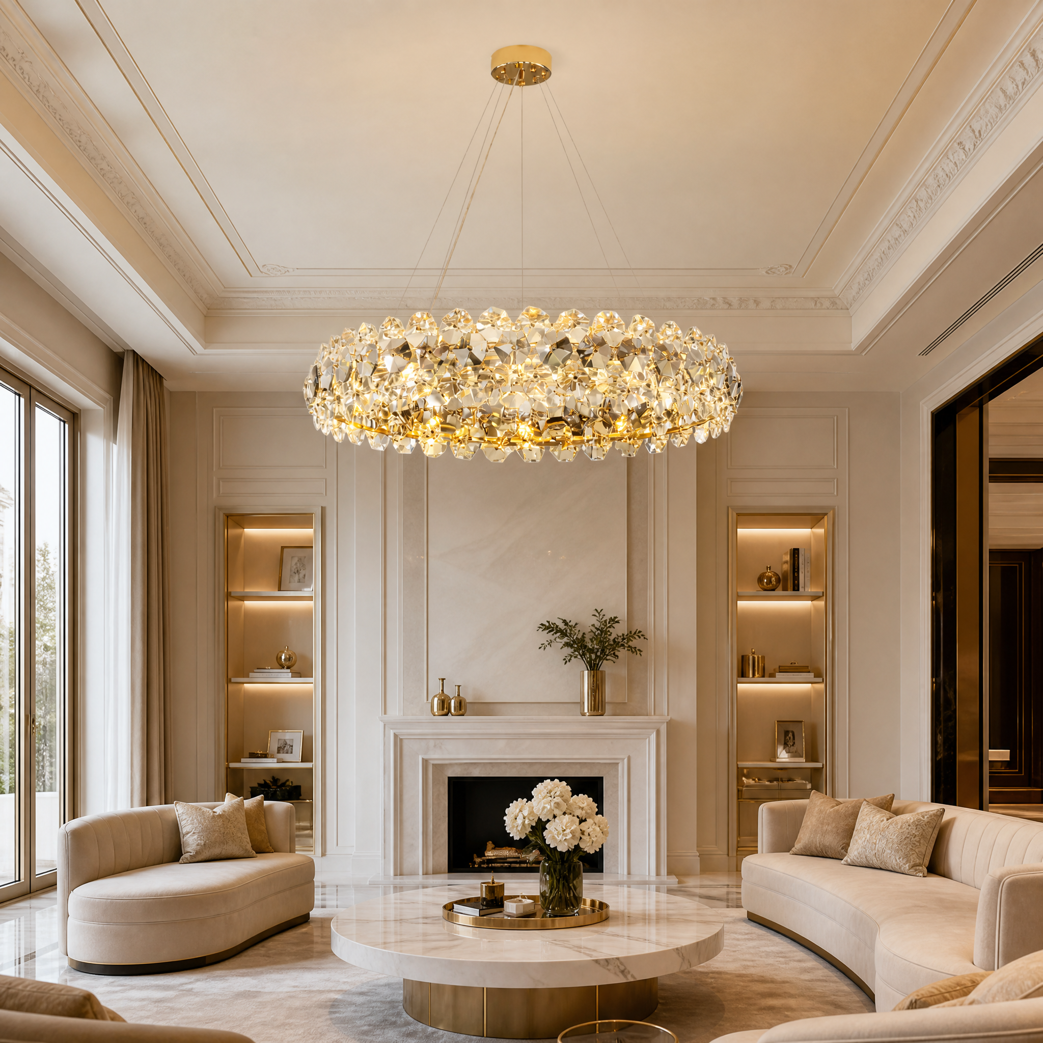 VORELLI Astoria circular crystal chandelier radiating warm light in a modern, luxury residential living room setting.