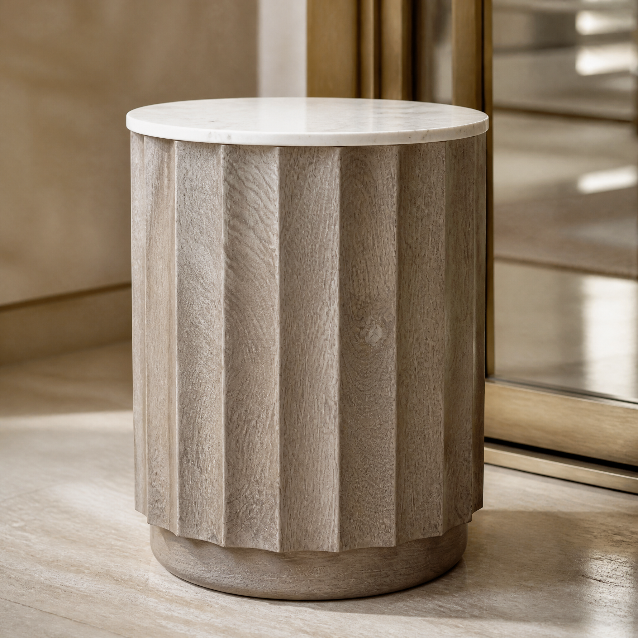 Detailed closeup of the VORELLI Astreva side table highlighting the tactile depth of the stonewash finish and elegant vertical fluted panelling.